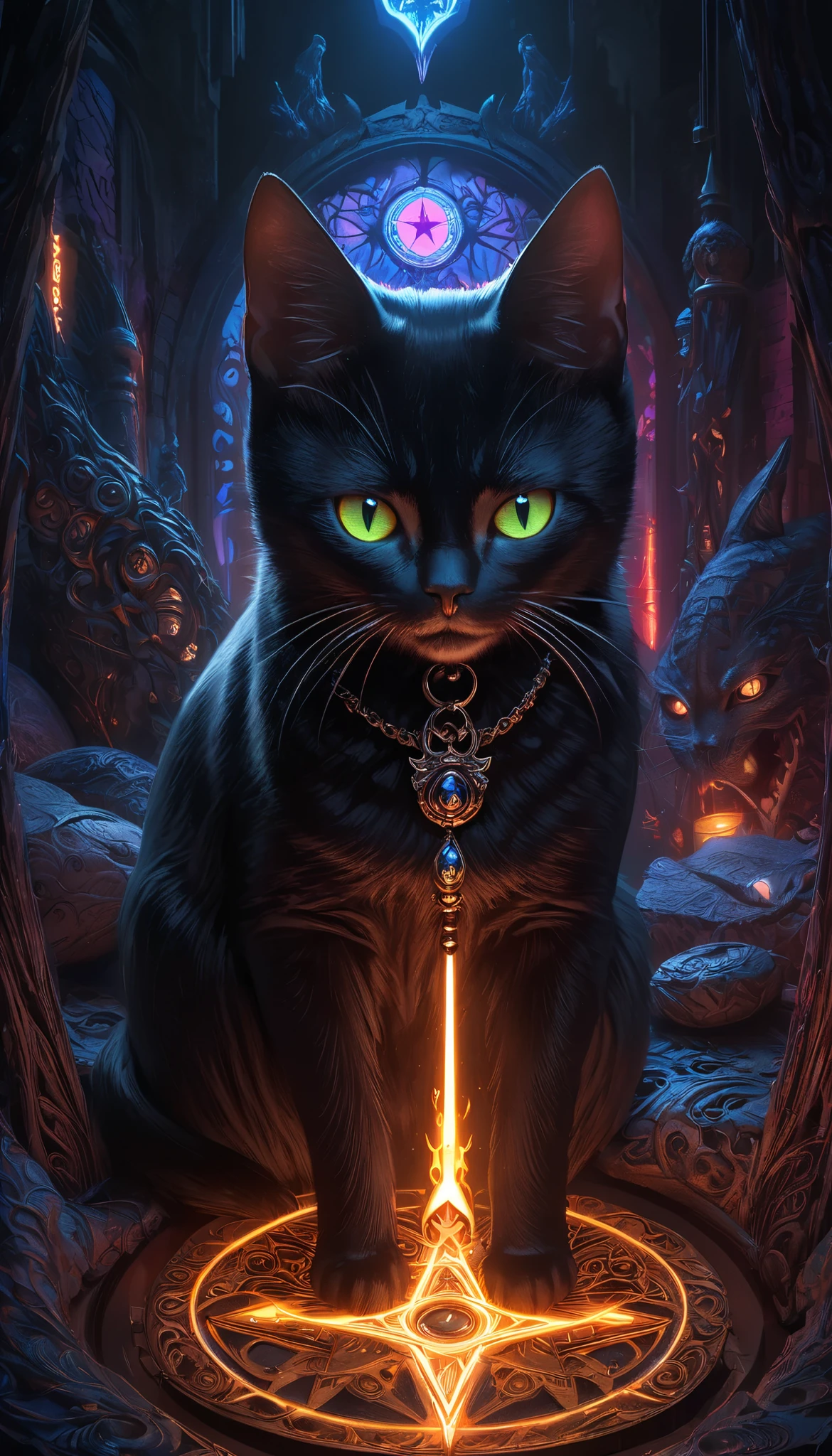 Full color, BREAK Ultra-realism, Detailed and realistic skin texture, Detailed and intricate texture, Detailed and intricate brushwork, Detailed and clear depiction, aesthetic, Black Cat and Witch, Enchanting, Alluring, Pop Dark Fantasy BREAK Neon Art Background, Cinematic lighting effects, Cryptic,