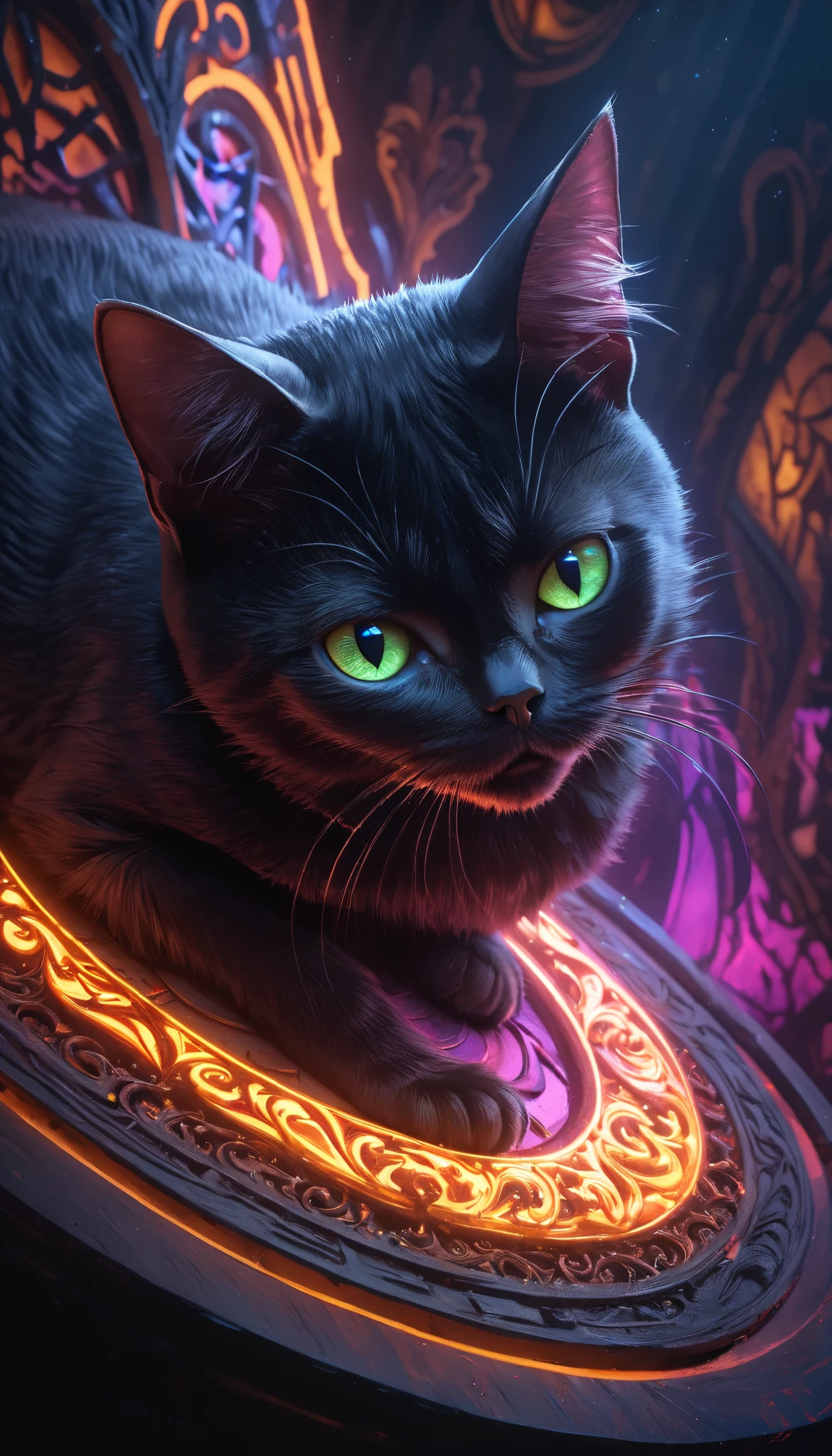 Full color, BREAK Ultra-realism, Detailed and realistic skin texture, Detailed and intricate texture, Detailed and intricate brushwork, Detailed and clear depiction, aesthetic, Black Cat and Witch, Enchanting, Alluring, Pop Dark Fantasy BREAK Neon Art Background, Cinematic lighting effects, Cryptic,