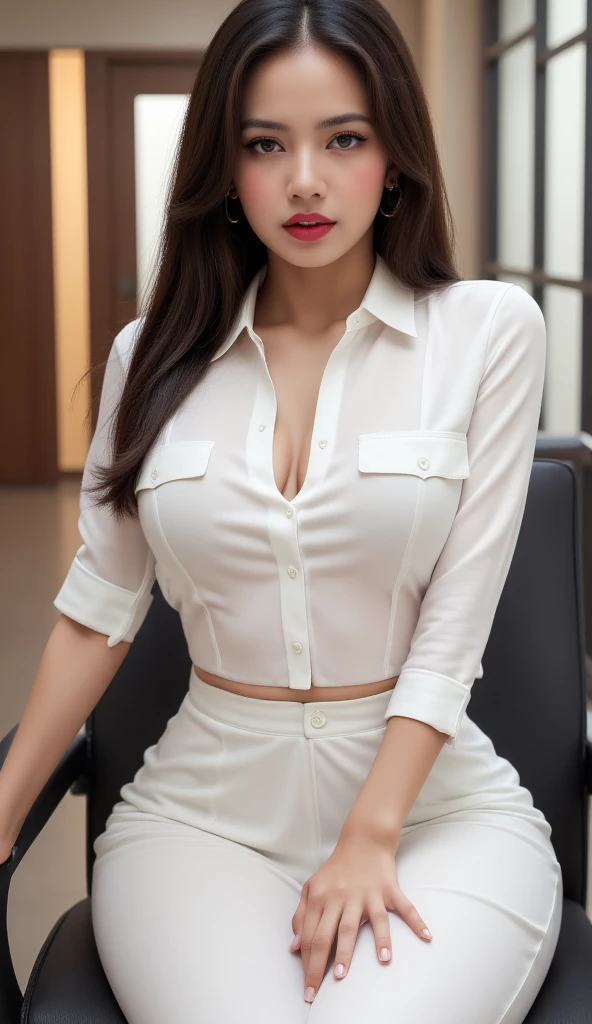 (High resolution 8K) Masterpiece, Highest quality, Realistic as a photo. ((middle chest)) hair in one eye, purple eyes, very big hoop earrings, sharp eyes, Diamond choker, red gemstone necklace. (symmetrical eyes) (The body is perfectly symmetrical.. ), Photo of a beautiful 27 year old girl, Photo looking up from the front of the leg..,(fit the body), ((Sitting at a table in an office on the 30th floor, Next to the large glass window overlooking the city..)), (black short skirt), (University outfit), (( The young woman wore a tight-fitting white short-sleeved shirt.., The buttons are unbuttoned., Open your chest deep and wide.)) ((Black short pencil skirt The skirt has deep slits at the front of the legs..)), belt, bob, long hair, side bangs, blonde hair, eyelidสองชั้น, sharp eyeliner, eyelid, Blush and thick eyelashes. Very delicate and beautiful. round chin. Sharp focus.. elegant. Turn your head., open your legs, Lift your right leg over your left leg.. Sit with your legs naturally spread apart., By separating your legs., dynamic gesture.((big breasts)) Medium milk
