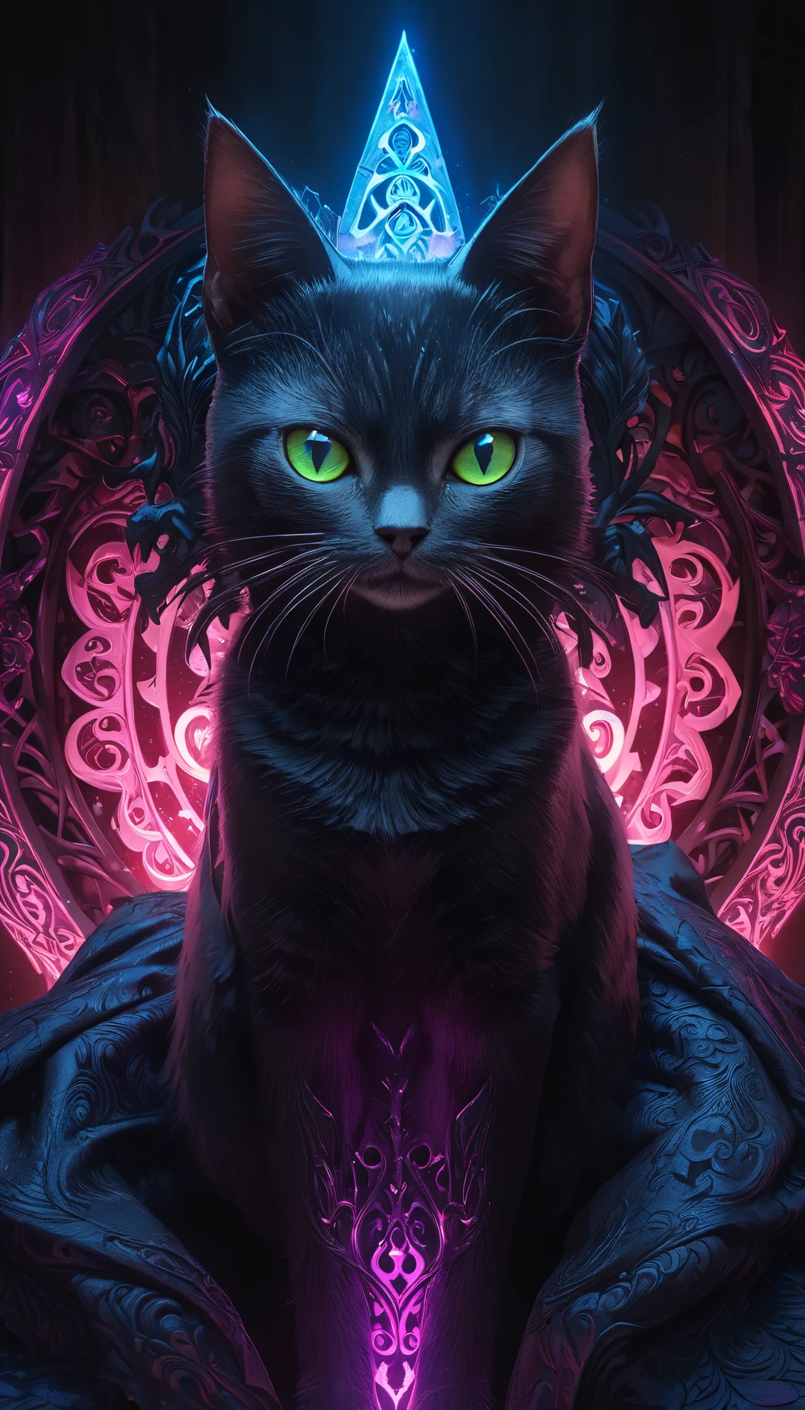 Full color, BREAK Ultra-realism, Detailed and realistic skin texture, Detailed and intricate texture, Detailed and intricate brushwork, Detailed and clear depiction, aesthetic, Black Cat and Witch, Enchanting, Alluring, Pop Dark Fantasy BREAK Neon Art Background, Cinematic lighting effects, Cryptic,