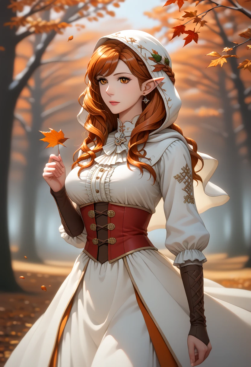  score_9,  score_8_arriba,  score_7_arriba, ( masterpiece,  Ultra High Definition, 8K, 16K,  ultra Detailed ), sfw,  upperbody shot , 1 girl, elf, orange eyes,  Hair braided on one side, Gingerbread hair,  holding a red leaf ,  white hooded dress ,  intricate details, (muttering leaves ), (wind:1.2), ( Medieval Fantasy ), Autumn forest background, ( Depth of Field), bokeh, Diffused light,  dramatic environment 