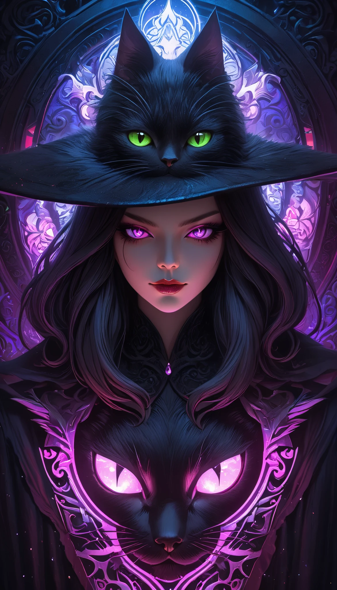 Full color, BREAK Ultra-realism, Detailed and realistic skin texture, Detailed and intricate texture, Detailed and intricate brushwork, Detailed and clear depiction, aesthetic, Black Cat and Witch, Enchanting, Alluring, Pop Dark Fantasy BREAK Neon Art Background, Cinematic lighting effects, Cryptic,