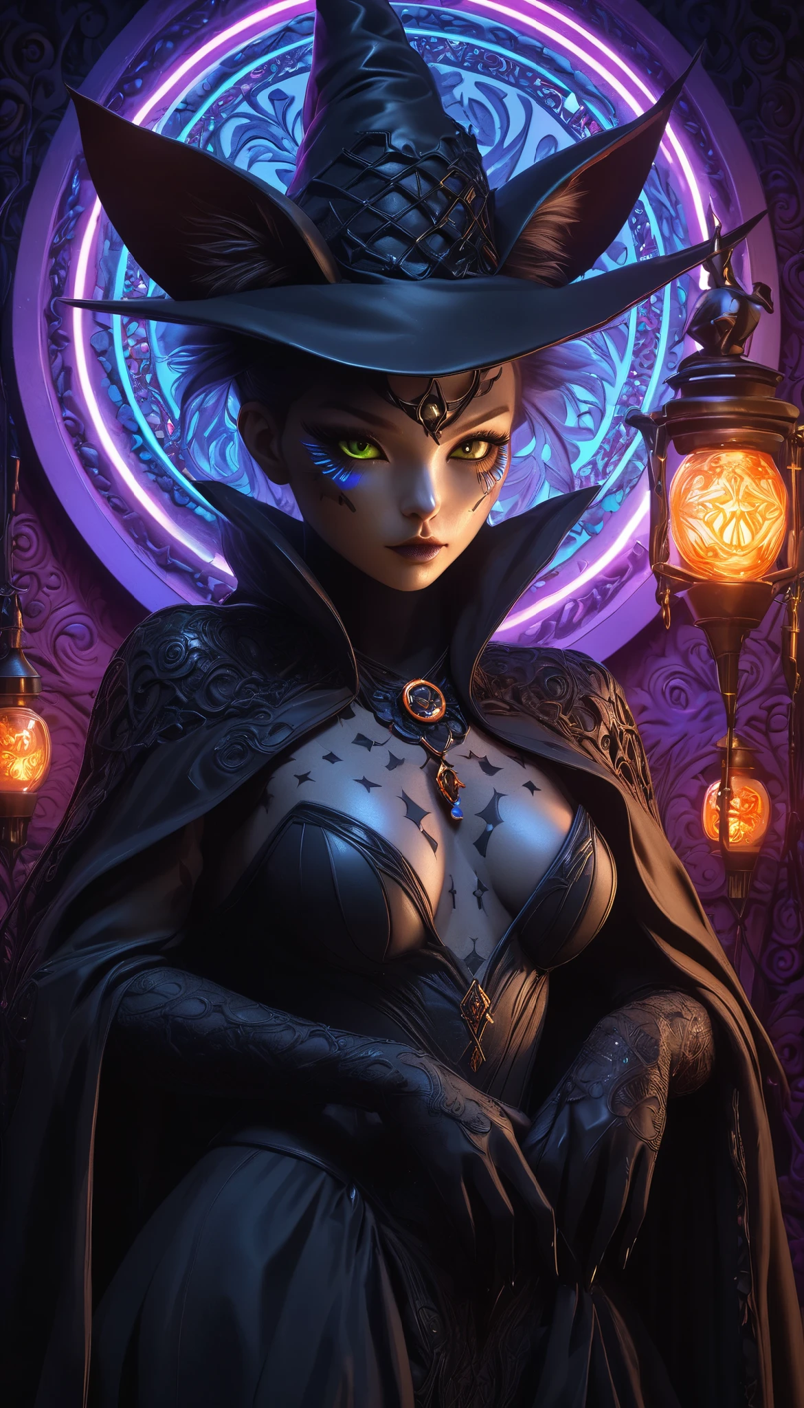 Full color, BREAK Ultra-realism, Detailed and realistic skin texture, Detailed and intricate texture, Detailed and intricate brushwork, Detailed and clear depiction, aesthetic, Black Cat and Witch, Enchanting, Alluring, Pop Dark Fantasy BREAK Neon Art Background, Cinematic lighting effects, Cryptic,
