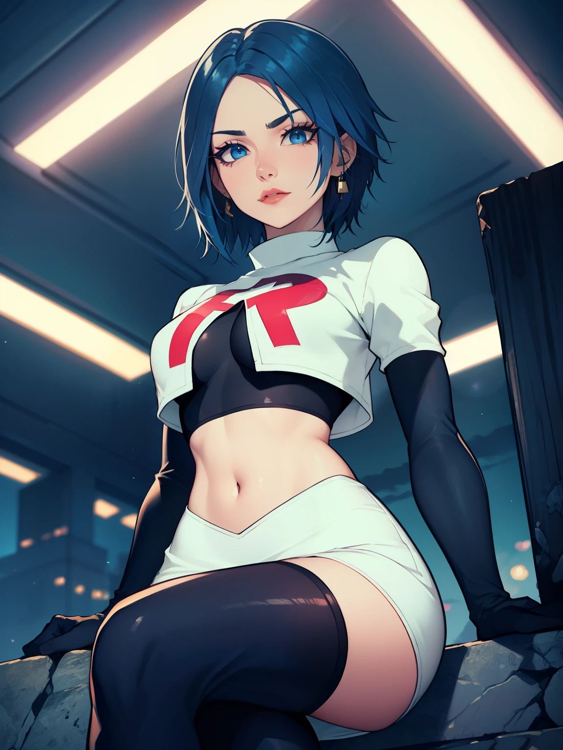khaqua,short hair,blue hair ,earrings ,lipstick, eye shadow ,team rocket uniform, red letter R, white skirt,white crop top,black thigh-high boots, black elbow gloves, evil villianess look, looking down on viewer, sitting ,crossed legged, night sky background