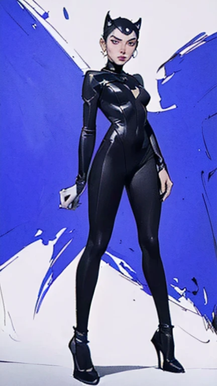 dutch_angle, from_below,full body,very tall girl, huge breasts, big nipple,breast grabbing,cleavage,thick thighs,very long legs, small waist, black bodysuit,short hair, black background