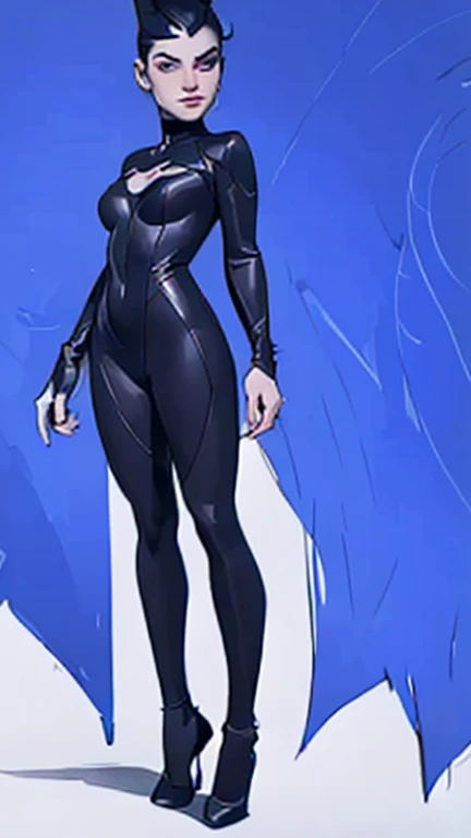 dutch_angle, from_below,full body,very tall girl, huge breasts, big nipple,breast grabbing,cleavage,thick thighs,very long legs, very long arms,small waist, black bodysuit,short hair, black background