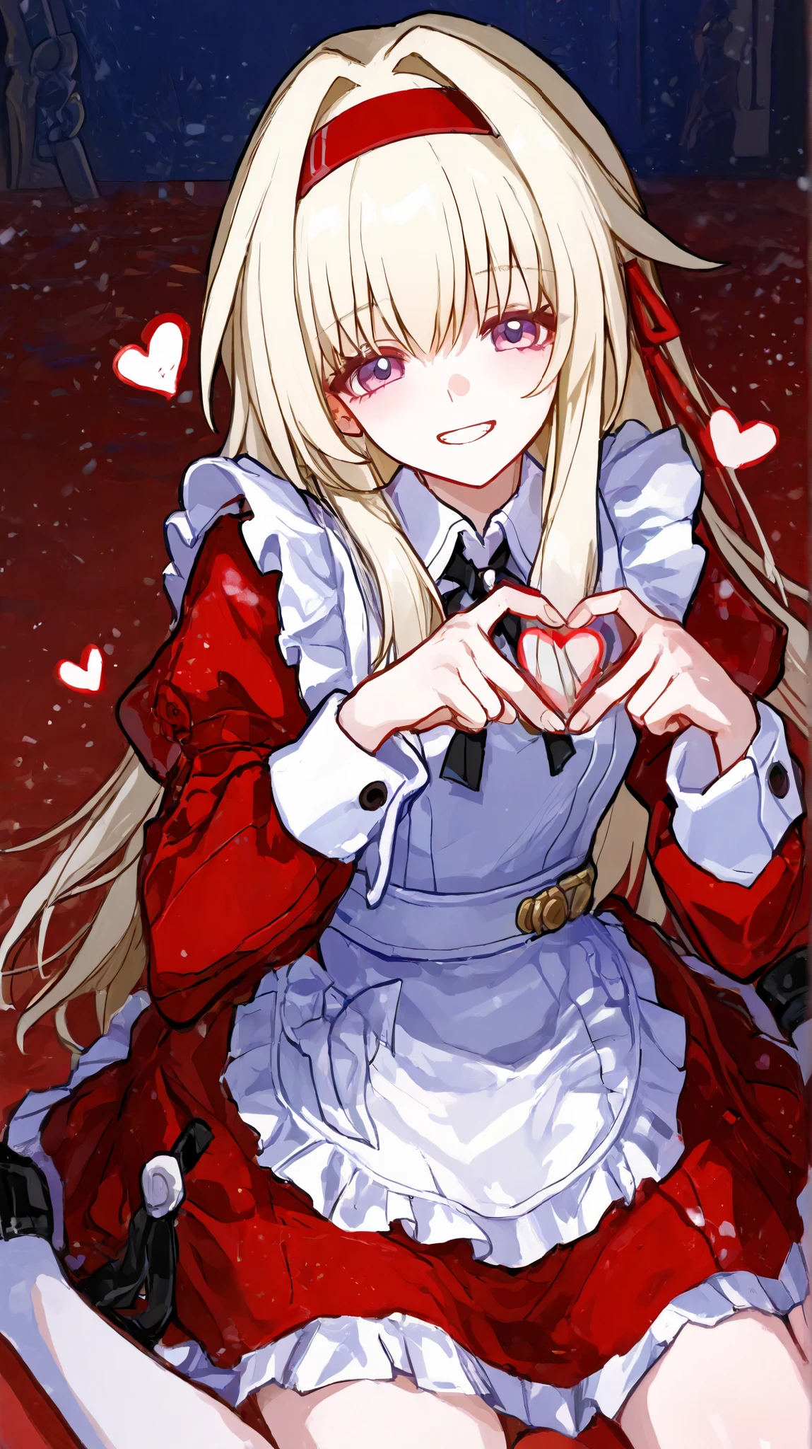 clara, Honkai Star Rail , wariza, maid clothes, hairband, heart hands, grin, red clothes