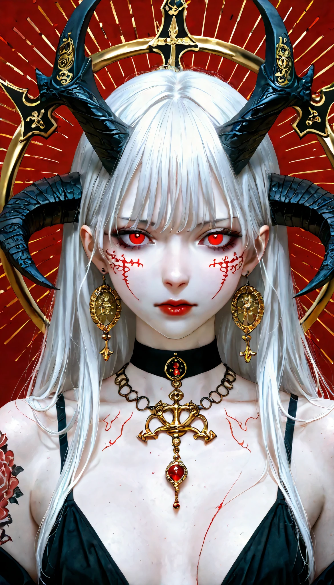 An image of a young woman with demonic aesthetics , highlighting her pale skin, intense red eyes and two sharp horns decorated with golden engravings. your hair is black , short and messy, framing a face with tattoos and red marks on her cheeks. She sports a serious and mysterious expression, highlighted by dark makeup and red lips. Her neck and chest are covered by a dark and detailed tattoo, and wears a black choker with an anchor-shaped pendant. Besides, she wears long earrings with golden symbols, and her flowing black clothing completes her imposing and supernatural appearance. The solid red background intensifies the contrast and visual presence of the image, portrait of an albino woman with pastel white hair , her peaceful and soft expression while caressing a sleeping furry black cat, The background is watercolor
