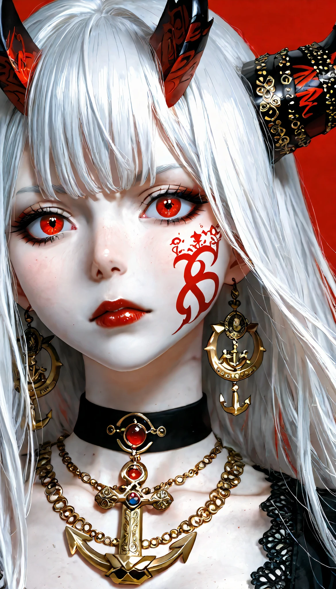 An image of a young woman with demonic aesthetics , highlighting her pale skin, intense red eyes and two sharp horns decorated with golden engravings.  your hair is black , short and messy, framing a face with tattoos and red marks on her cheeks. She sports a serious and mysterious expression, highlighted by dark makeup and red lips. Her neck and chest are covered by a dark and detailed tattoo, and wears a black choker with an anchor-shaped pendant. Besides, she wears long earrings with golden symbols, and her flowing black clothing completes her imposing and supernatural appearance. The solid red background intensifies the contrast and visual presence of the image, portrait of an albino woman with pastel white hair  ,   her peaceful and soft expression while caressing a sleeping furry black cat, The background is watercolor  