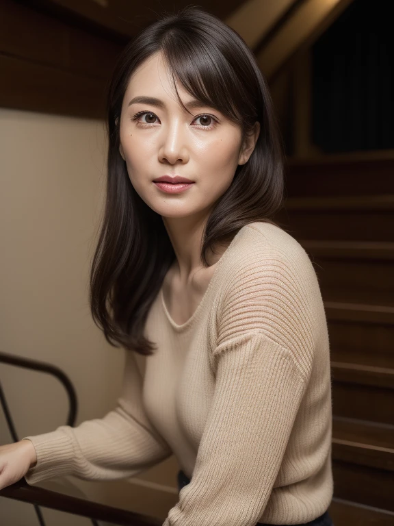 pale plain background,japanese mature, 35 years old, Beautiful woman, alone, Close your mouth and look straight ahead with a serious expression, (((stand upright, facing the center of the screen.))), Sweater for tank top, skirt, High resolution, High level image quality, high detail, rough skin, anatomically correct, sharp, cowboy shot