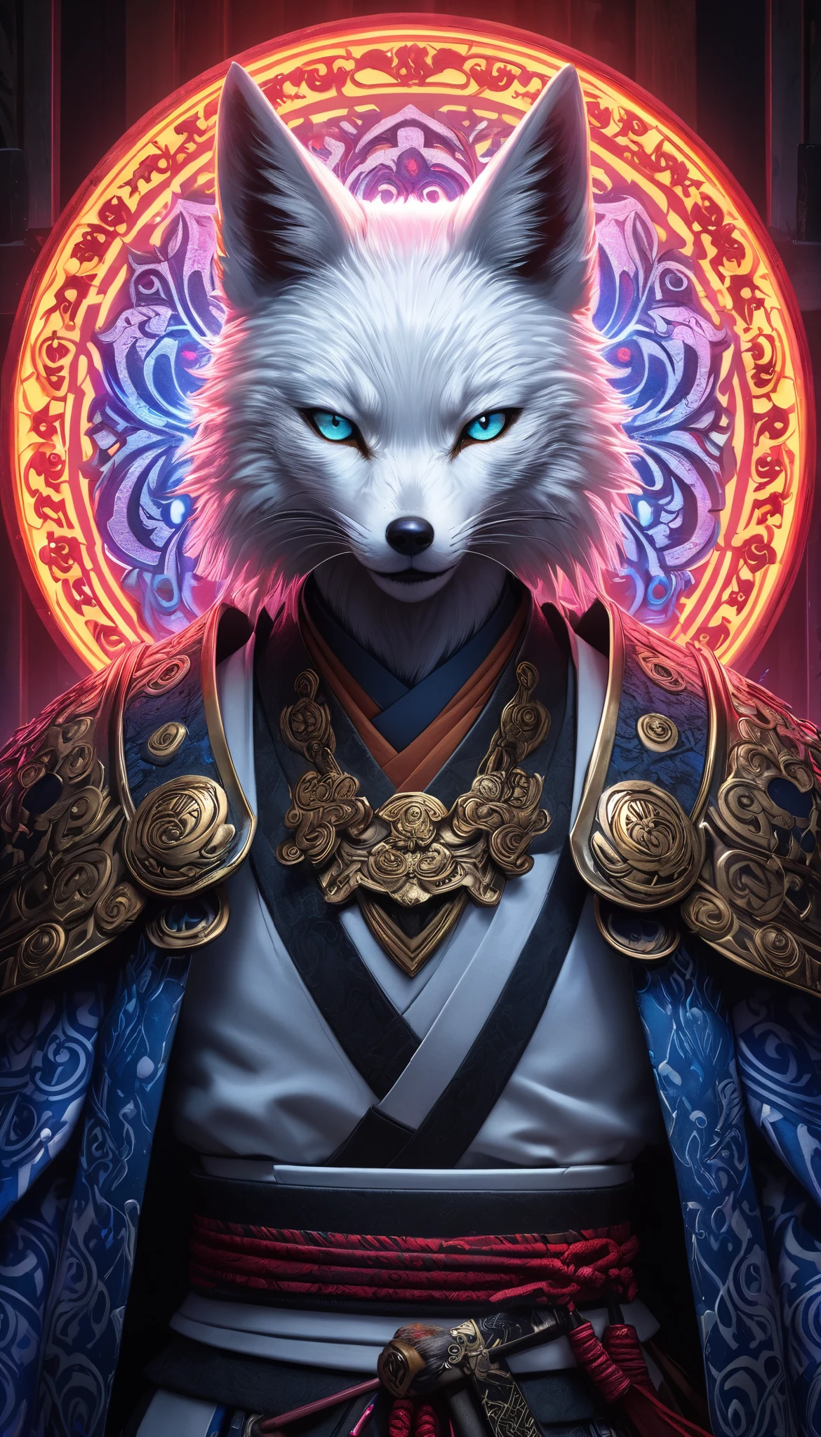 Full color, BREAK Ultra-realism, Detailed and realistic skin texture, Detailed and intricate texture, Detailed and intricate brushwork, Detailed and clear depiction, aesthetic, white fox and samurai, Enchanting, Alluring, Pop sengoku Fantasy BREAK Neon Art Background, Cinematic lighting effects, Cryptic,