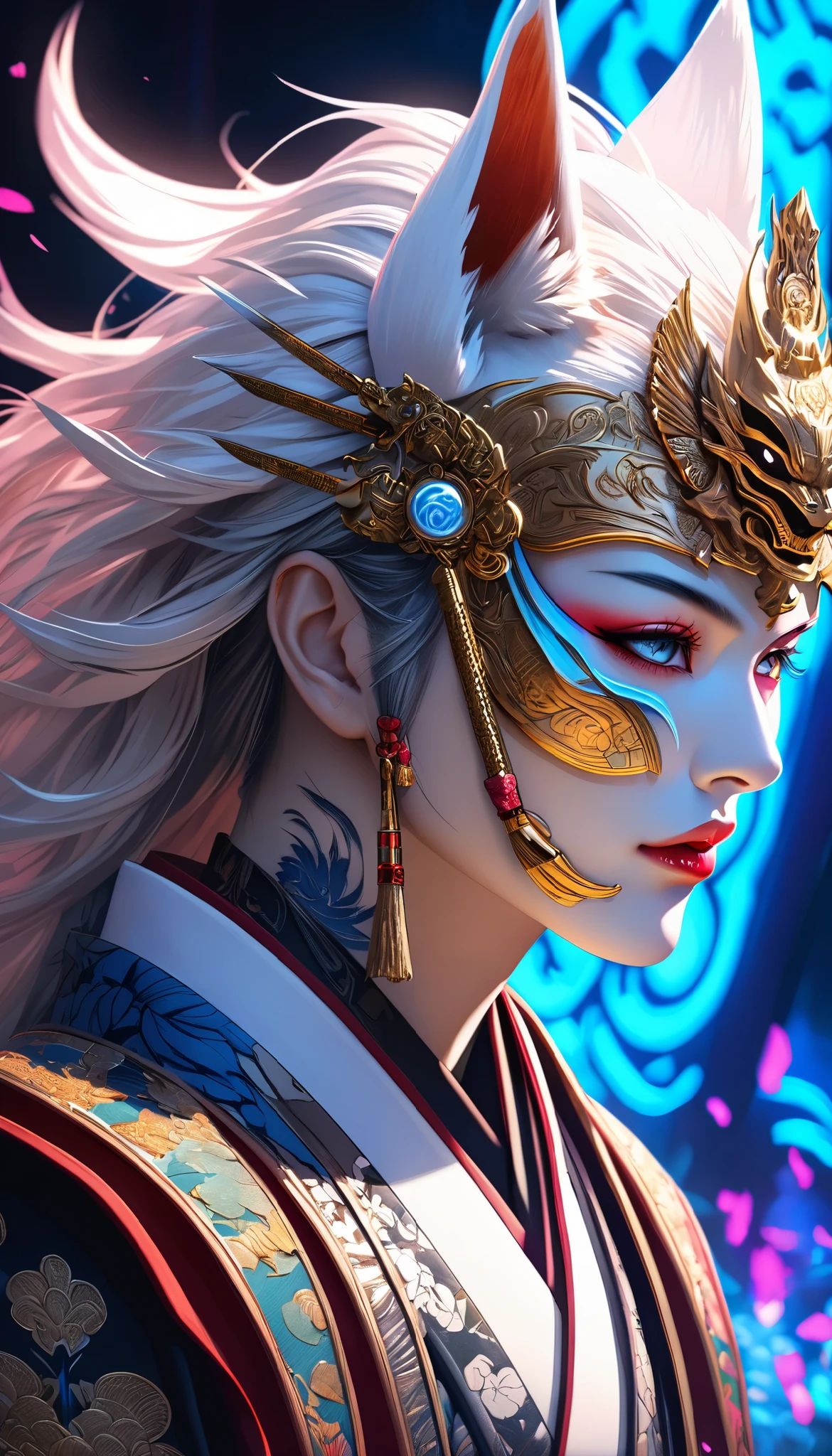 Full color, BREAK Ultra-realism, Detailed and realistic skin texture, Detailed and intricate texture, Detailed and intricate brushwork, Detailed and clear depiction, aesthetic, white fox and samurai, Enchanting, Alluring, Pop sengoku Fantasy BREAK Neon Art Background, Cinematic lighting effects, Cryptic,
