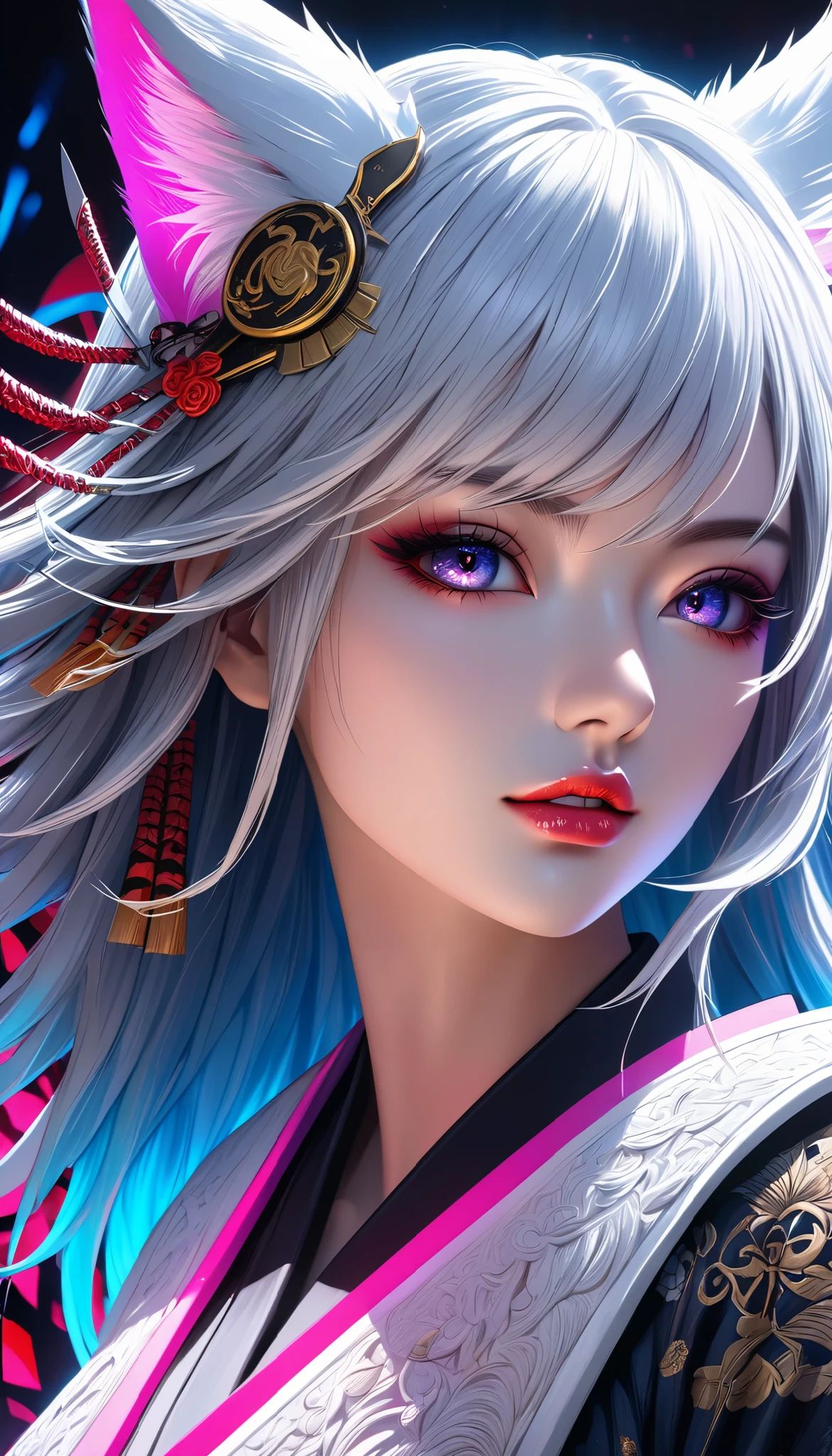 Full color, BREAK Ultra-realism, Detailed and realistic skin texture, Detailed and intricate texture, Detailed and intricate brushwork, Detailed and clear depiction, aesthetic, white fox and samurai, Enchanting, Alluring, Pop sengoku Fantasy BREAK Neon Art Background, Cinematic lighting effects, Cryptic,