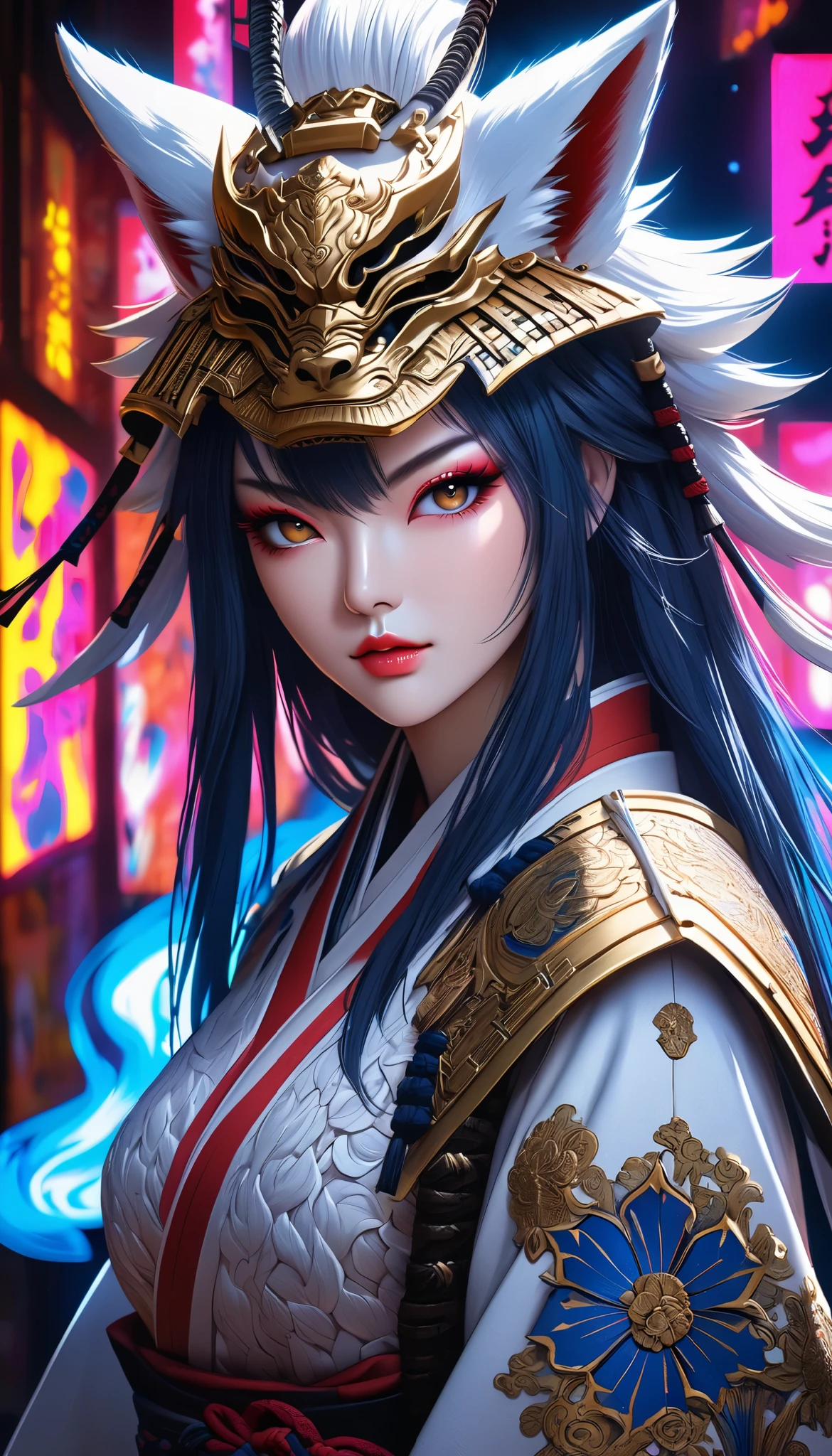 Full color, BREAK Ultra-realism, Detailed and realistic skin texture, Detailed and intricate texture, Detailed and intricate brushwork, Detailed and clear depiction, aesthetic, white fox and samurai, Enchanting, Alluring, Pop sengoku Fantasy BREAK Neon Art Background, Cinematic lighting effects, Cryptic,