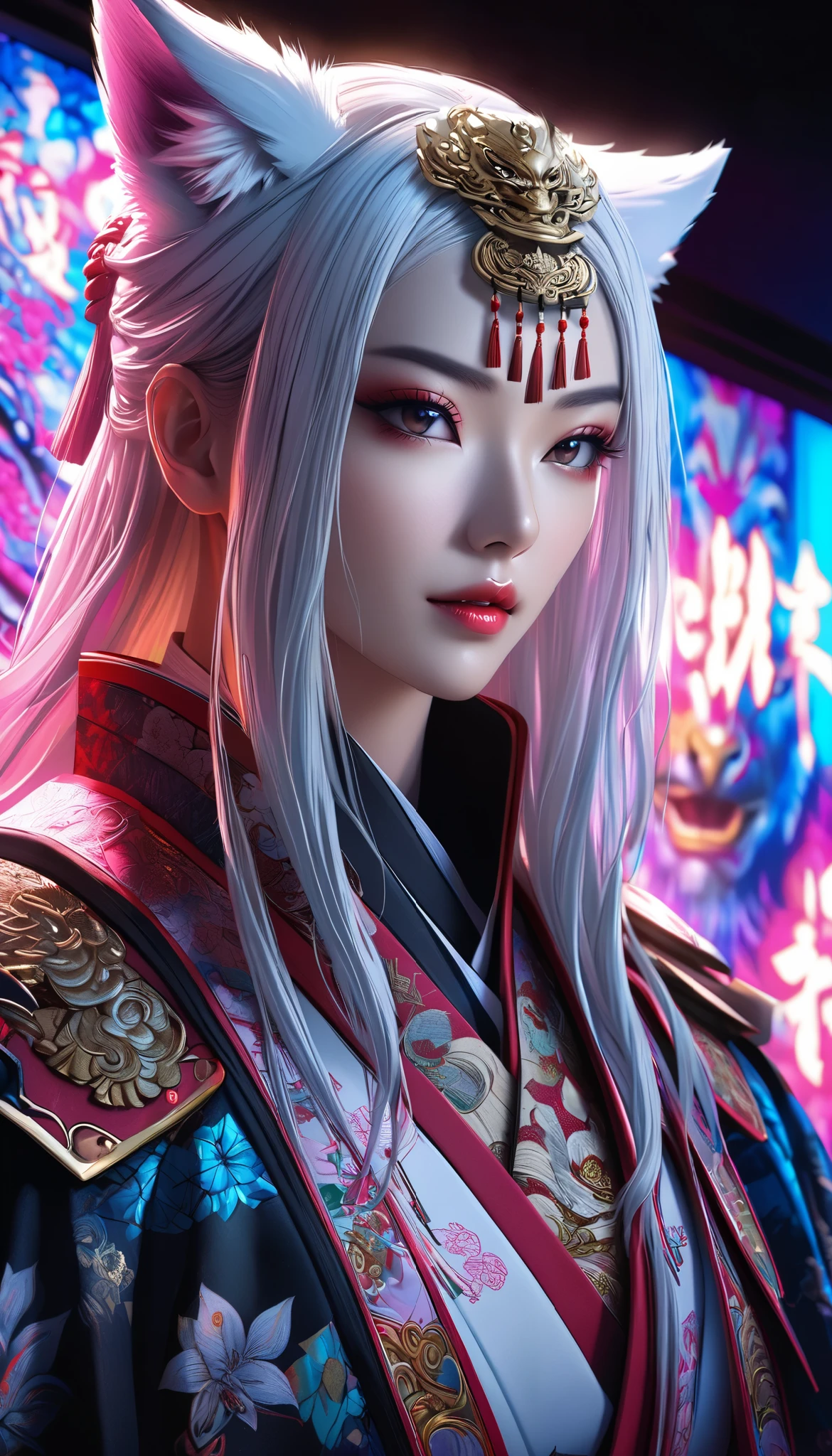 Full color, BREAK Ultra-realism, Detailed and realistic skin texture, Detailed and intricate texture, Detailed and intricate brushwork, Detailed and clear depiction, aesthetic, white fox and samurai, Enchanting, Alluring, Pop sengoku Fantasy BREAK Neon Art Background, Cinematic lighting effects, Cryptic,
