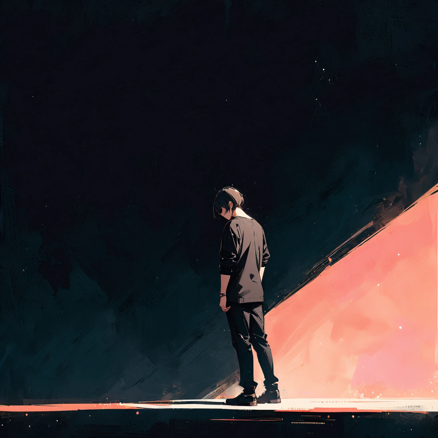 (masterpiece, best quality:1.2), alone, casual wear, full body, dark background, Back view of a man standing, The woman stretches out her hand and refuses