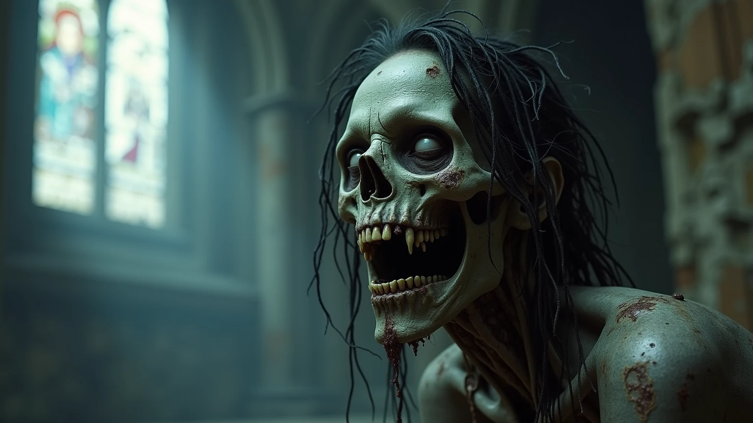 masterpiece:1.2, best quality, absurdres, graveyard, dark, tombstones, mausoleum, multiple ghouls, blood, blue skin, blurry, blurry background, claws, crawling, depth of field, empty eye sockets, entrails, ghoul, glowing, glowing eyes, glowing mouth, green skin, long hair, looking at viewer, male focus, open mouth, pants, realistic, red eyes, ribs, standing, teeth, torn clothes, upper body, yellow eyes, looking at viewer, POV <lora:RPGGhoul:1.0>