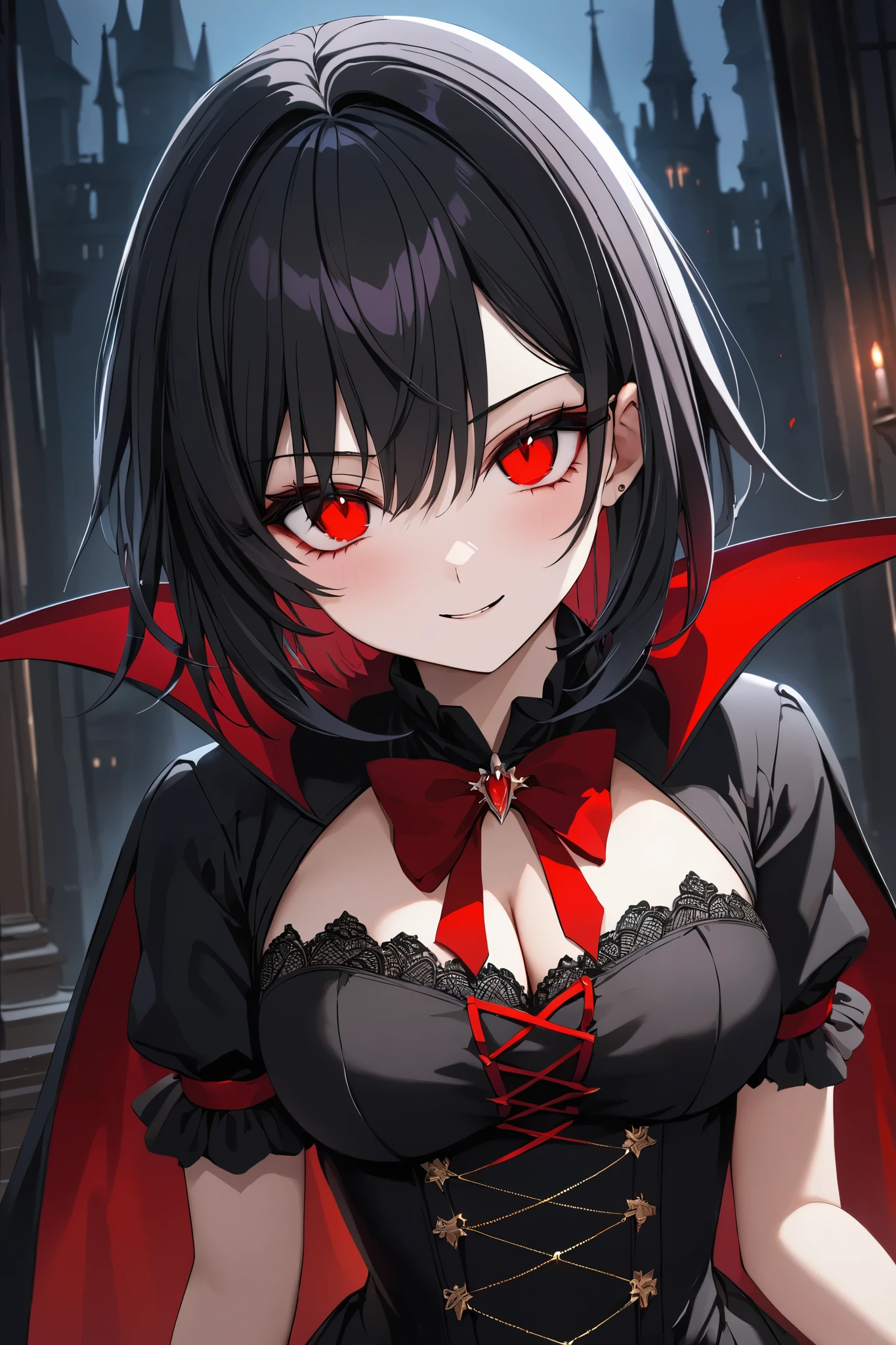 White skin girl, short hair reaching the shoulders, black fur, little red horns. scarlet eyes. demon tail. very sexy body, above, blood red skirt, very tight black socks, black necklace for lingerie.