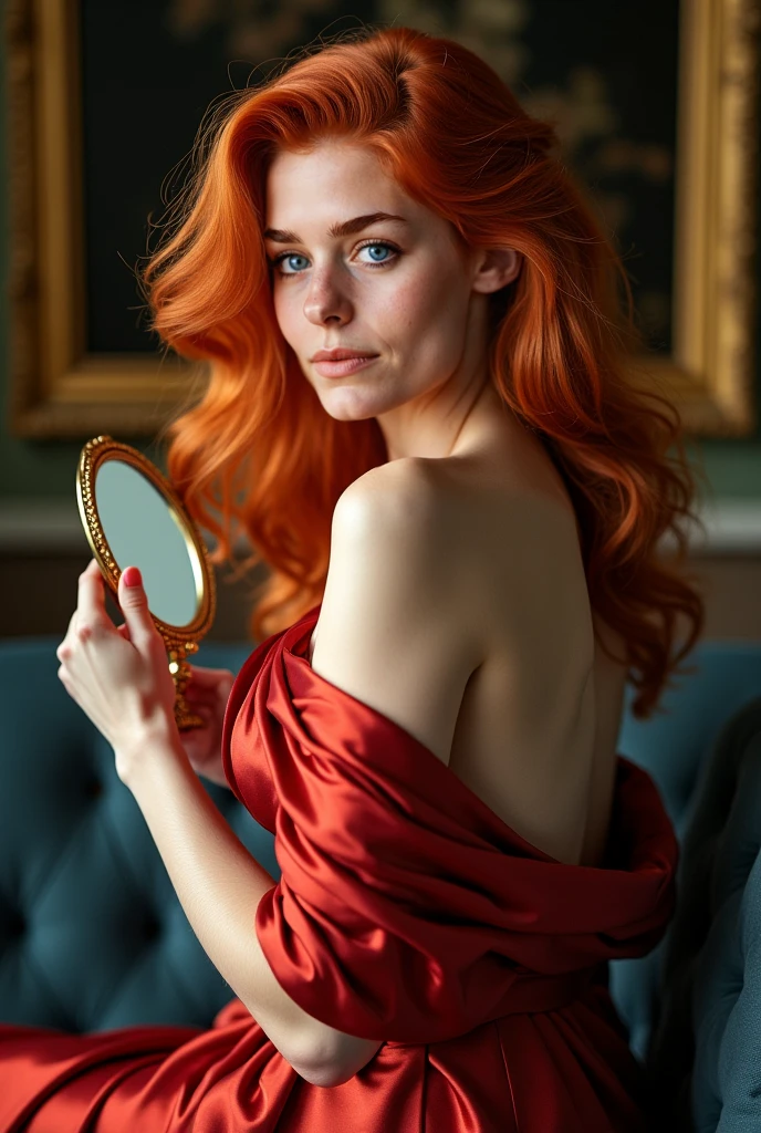 ultra realistic red head in different provocative poses mirror selfie 8k detailed.