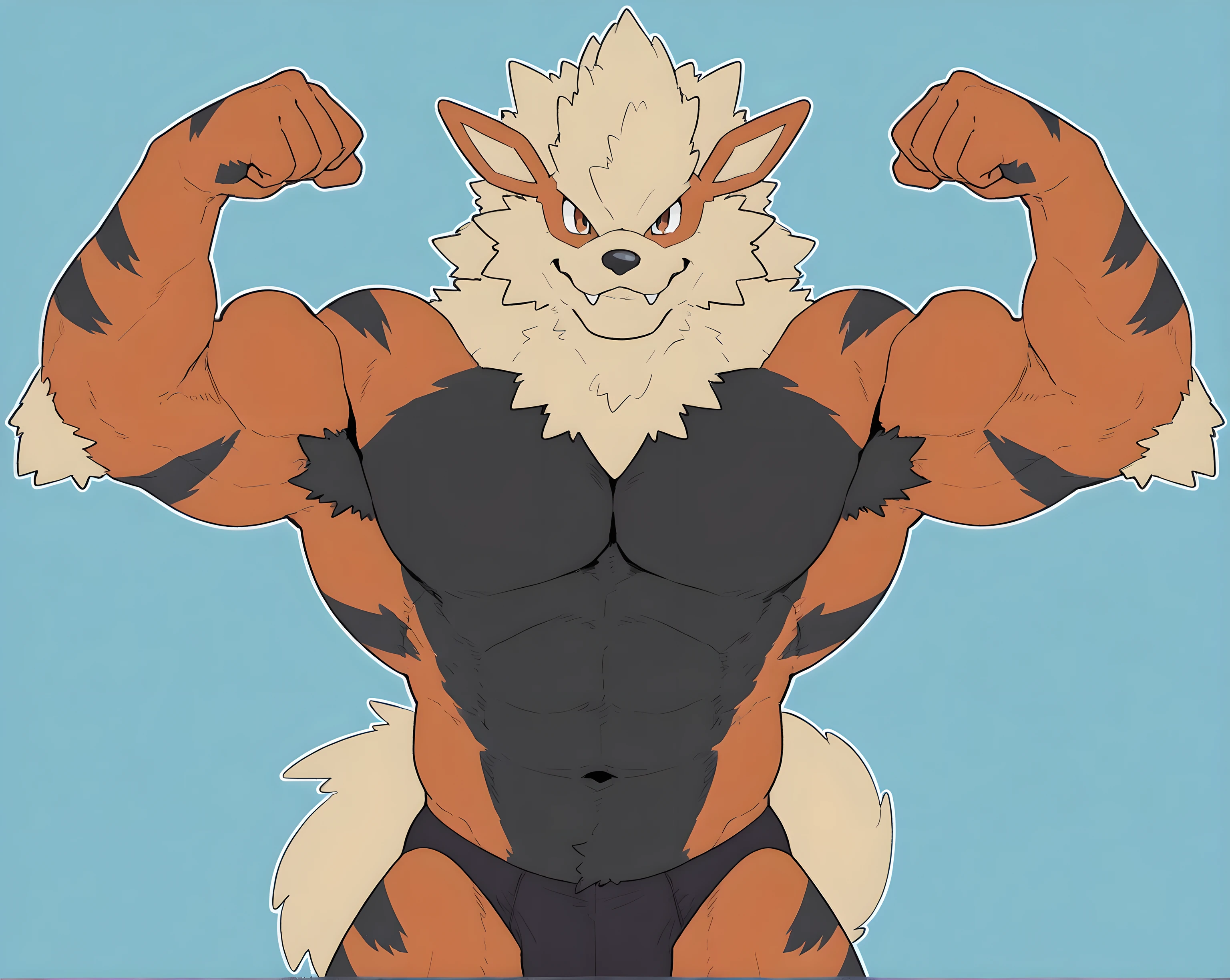zzArcanine, arcanine, no humans, pokemon (creature), (flat color), male, (((very muscular, heavyweight body))), shirtless, simple background, looking at viewer, anthro, speedos, bulge, black stomach, black chest, half body, flexing, flexing biceps,