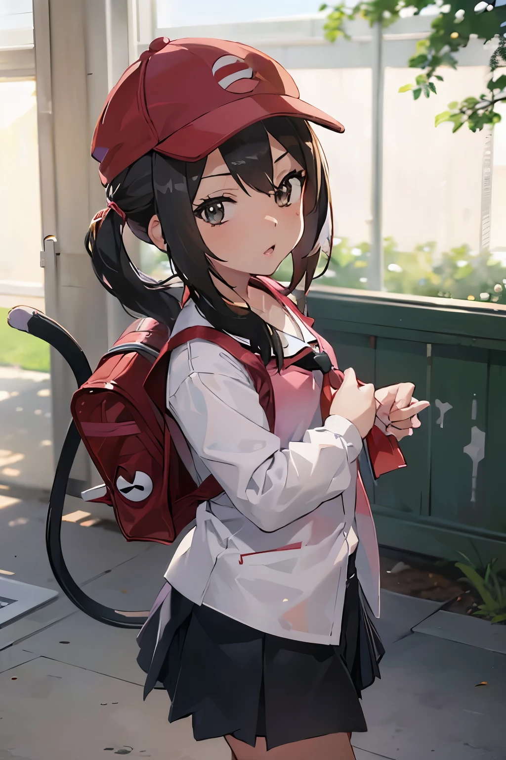 汗まみれで半透明のkindergarten uniform,  flight cap,  Pokemon Trainer, (Master Ball),  cat motif mascot monster
