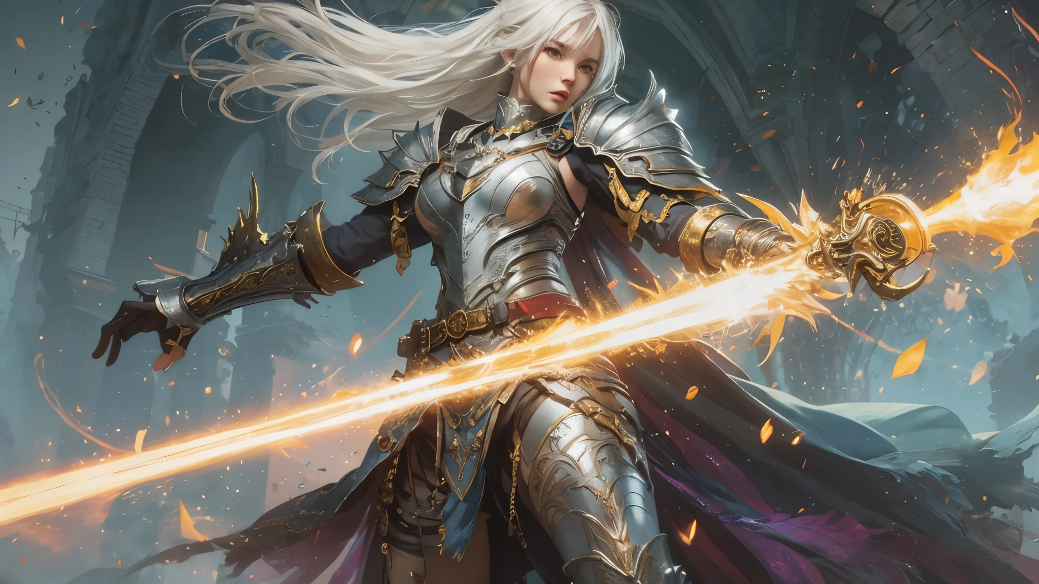 ((Ultra-thin illustration, 8K, Tabletop :1.2, Sharp focus :1.2, Depth of written boundary:1.2)), Beautiful Female Swordsman, Absurd, Highly detailed face and skin texture, Silver Hair, Jet Black Armor, Flame Armor, Cloak on Fire, Flaming Sword, Determination to overcome sadness, There is a sign of determination in your kind eyes , Strong Soul