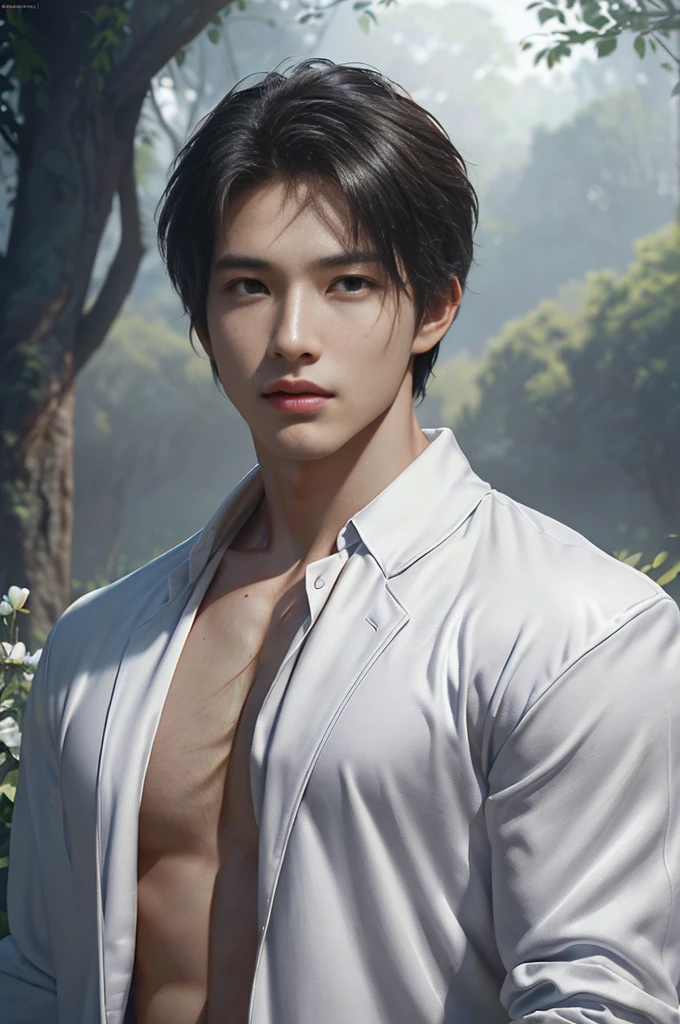 1Man, ((male model )) heaty skin, masterpiece, best quality,  most handsome man in the world, by Shen Quan, prefect body, beautiful male model, an attractive man 18-24 years old aesthetic, at spring flower booming, green fields, spring, plains, trees, flower, blue sky, ruggedly handsome young man wearing a white pajamas, white jockstrap ,white cloth,  shirtless Jacket over shoulder,  (Male Focus), ((smooth body)), super cute, dynamic pose, cool and seductive, dramatic lighting, full body shot, full body shot, youthful face, full body, body without hair, thin and tall, fit body, dominant, Caucasian or white skin, youthful face, firm body, high definition, natural flesh tones, soft light, highly detailed, looking at viewer, photography, detailed skin, real person, realistic, photo-realistic, insanely detailed, face detail, hype maximalist, hype hyperrealism, cinematic, telephoto, lighting intricate details, highly detailed, highly detailed, digital painting, artstation, concept art, smooth, sharp focus, illustration, Unreal Engine 5, 8K, art by Ross Tran and greg rutkowski and alphonse Mucha, UHD, 8k, show only male.8k uhd, dslr, dim lighting, high quality, film grain, Fujifilm XT3, male only fan,2 mans, pair model.