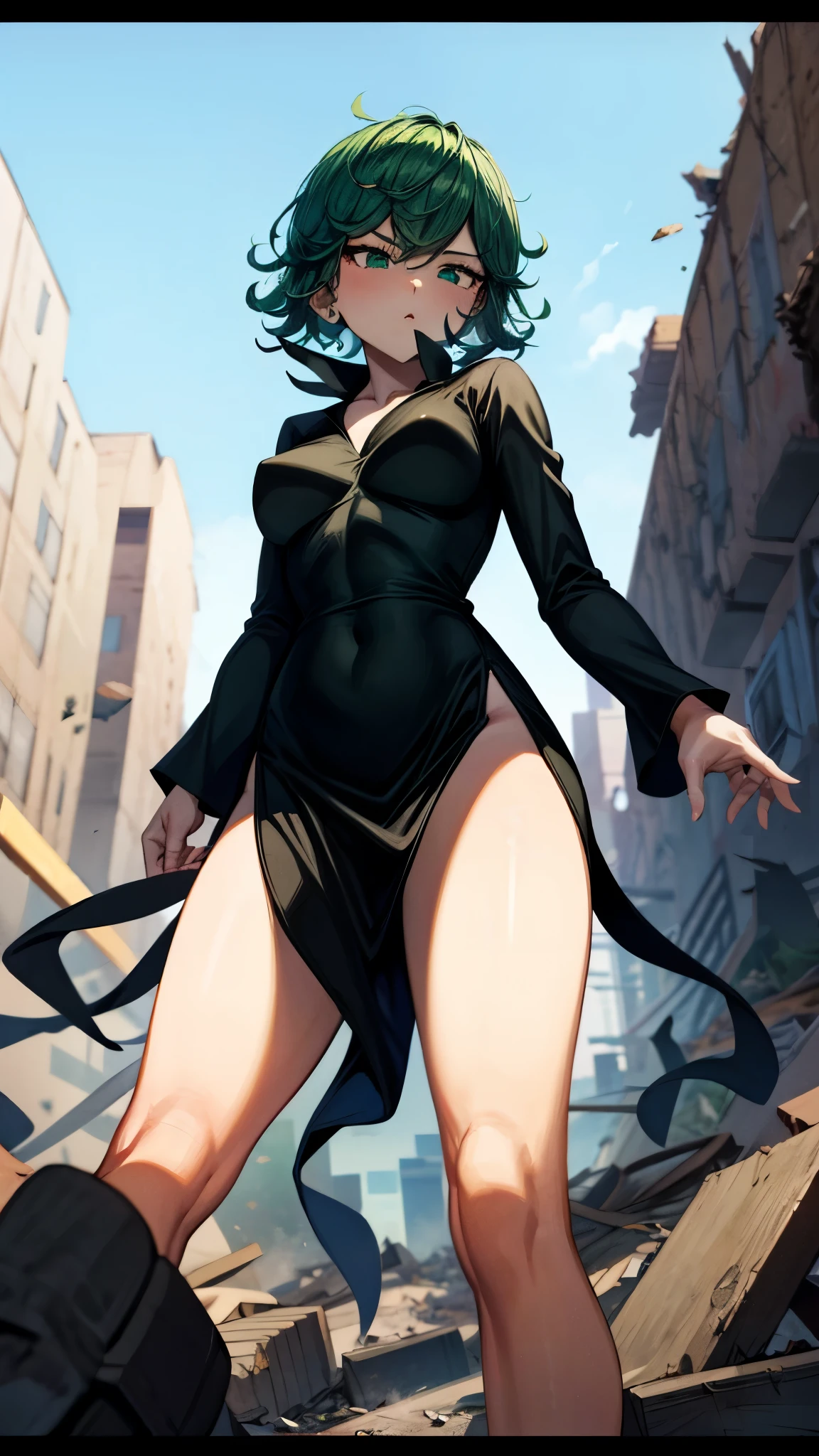 (melhor qualidade:1.3), (quality 4K), soifon, ((detailed face)),((smile)), ((curvy body)), (small breast), sexy, (( cut hair)), ((sleeveless)), ((city)), arms up, armpits visible
