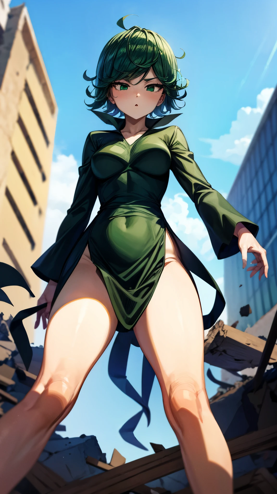 （ Super high quality, Ultra High Resolution,16k,super masterpiece,Ultra HD , detailed shading and background,） taken from below, sexy girl , long sleeve black dress ,Green short hair,Hair lifts ,Clouds, blue sky, and piles of rubble,