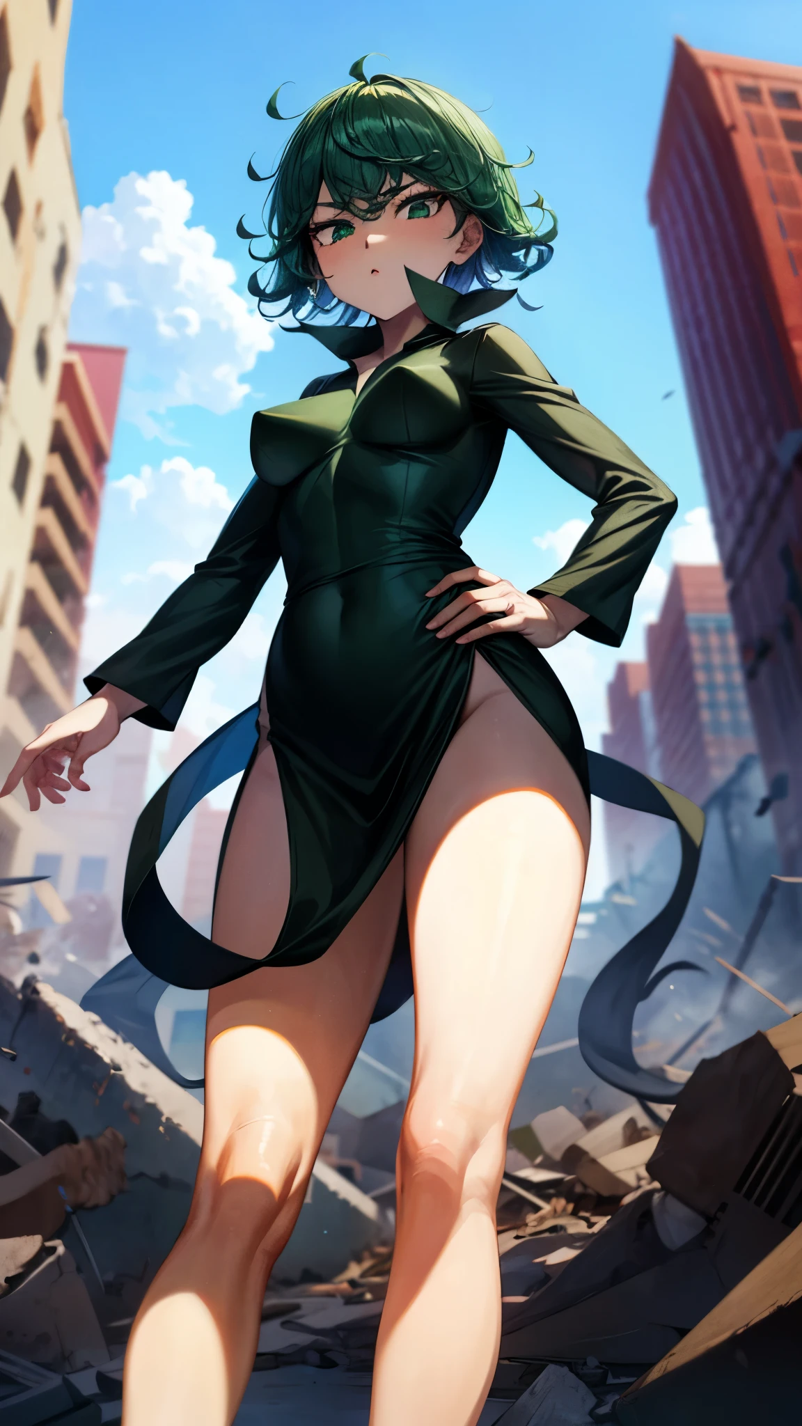 high art, (masterpiece, best quality:1.2), solo, 1girl, , young girl, flat chest, huge ass, tatsumaki, unamused, closed mouth, looking at viewer, crossed arms, green medium hair, black slit dress, pelvic curtain dress, blue sky background,