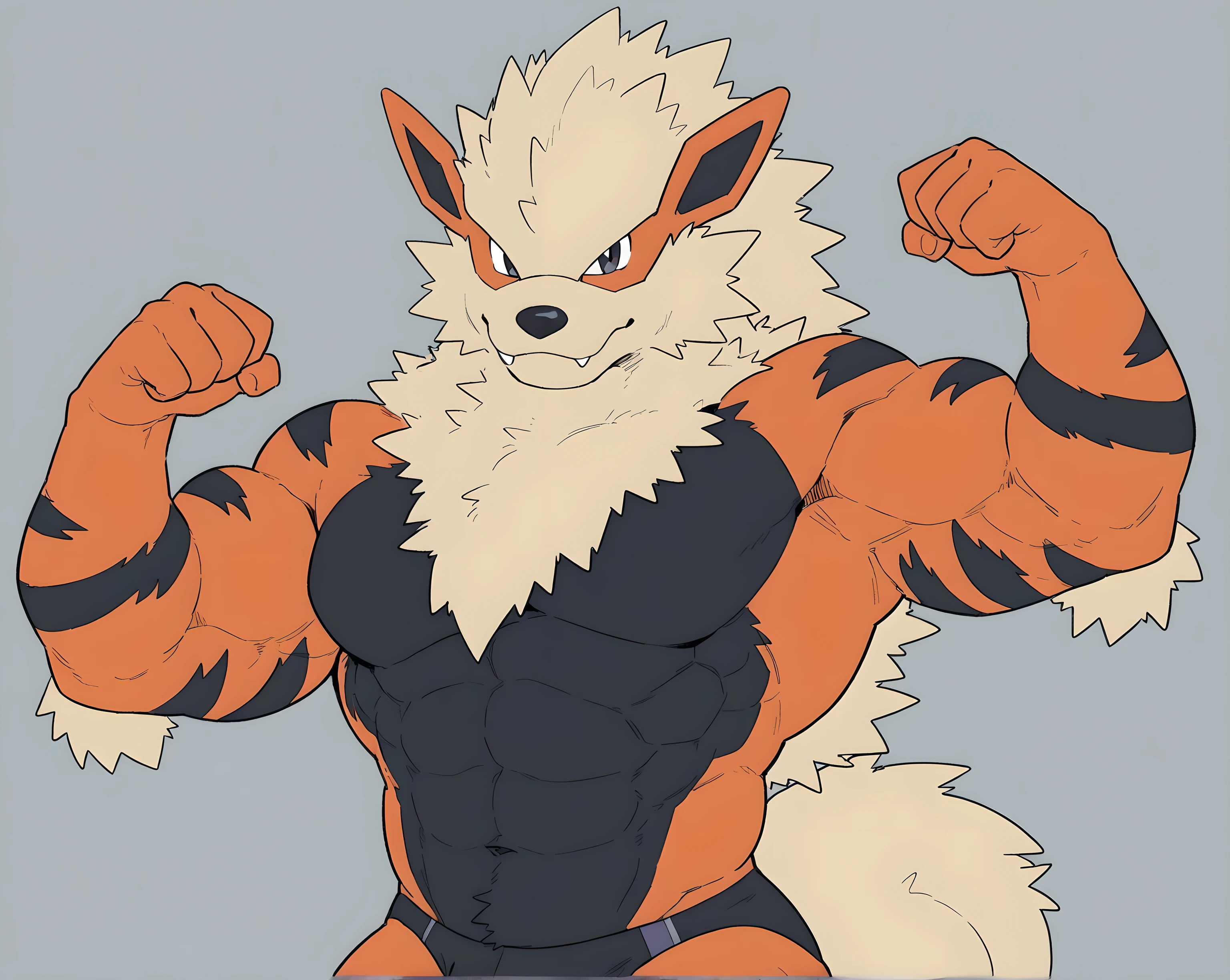 zzArcanine, arcanine, no humans, pokemon (creature), (flat color), male, (((very muscular, heavyweight body))), shirtless, simple background, looking at viewer, anthro, speedos, bulge, black stomach, black chest, half body, flexing, flexing biceps,
