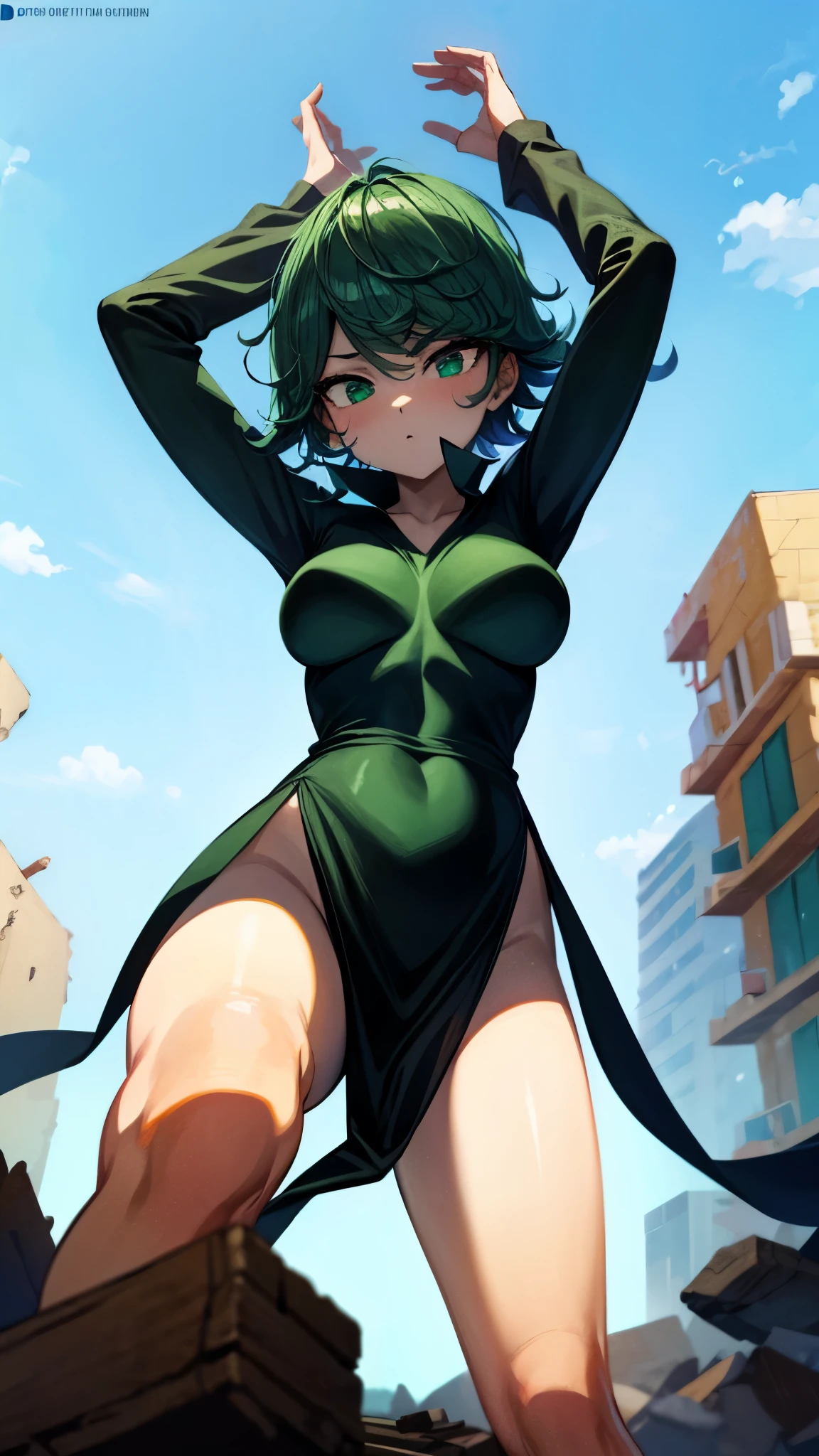 (masterpiece, best quality:1.2), cowboy shot, solo, 1girl, tatsumaki, lustful, closed mouth, looking at the viewer, ass, wide hips, black dress, blue sky, clouds, erotica