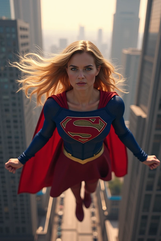 cinematic film still of <lora:Superman v2:1>
Kal-El, Kryptonian, Man of Steel, Superman a woman in a superman costume is running through the air,1girl,solo,long hair,breasts,open mouth,blonde hair,red eyes,boots,teeth,cape,torn clothes,blood,muscular,glowing,clenched hand,glowing eyes,clenched hands,realistic,superhero,debris, shallow depth of field, vignette, highly detailed, high budget, bokeh, cinemascope, moody, epic, gorgeous, film grain, grainy