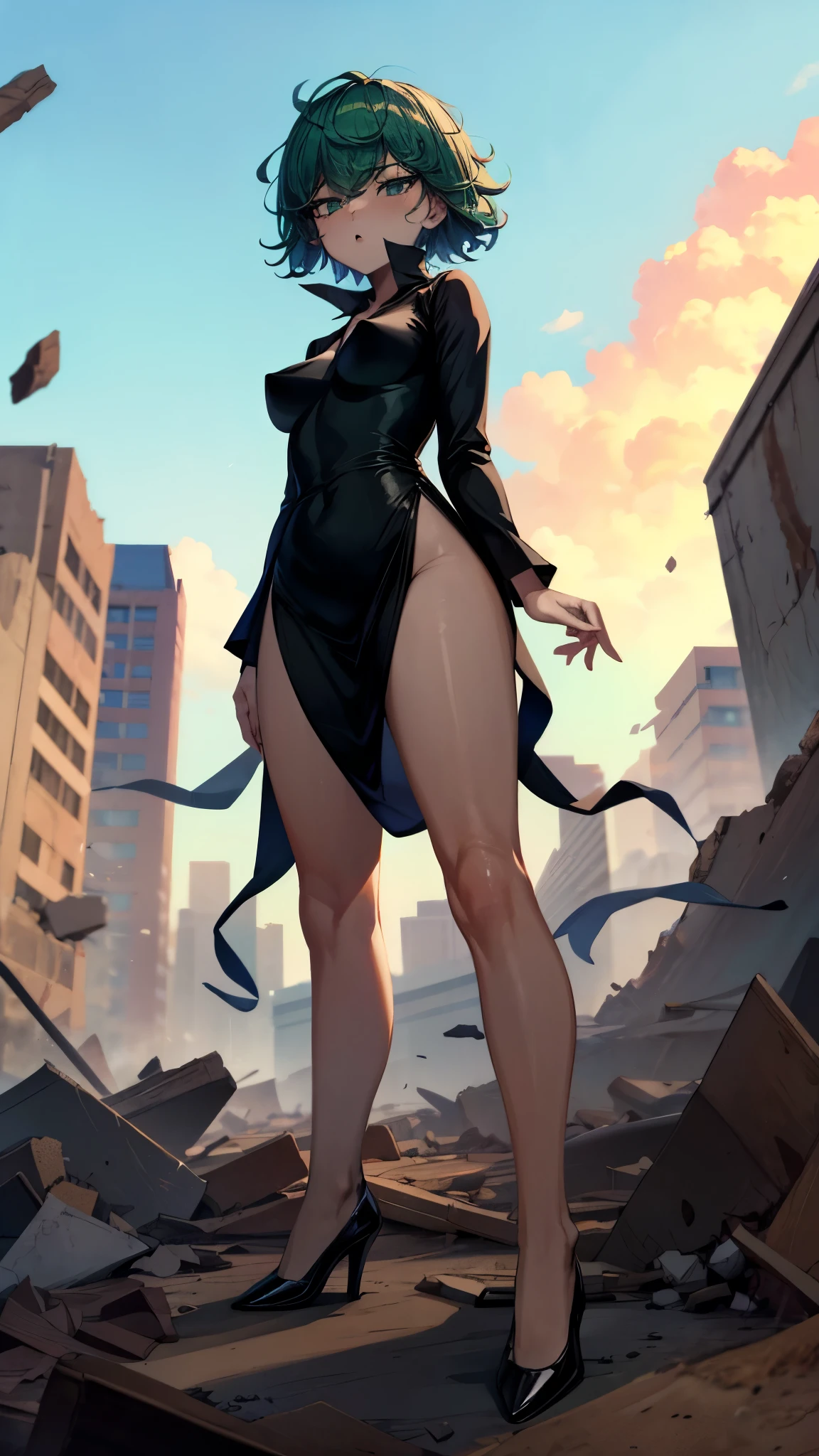 ( Super high quality, Ultra High Resolution,16k,super masterpiece,Ultra HD , detailed shading and background,) taken from below, sexy girl , long sleeve black dress ,Green short hair,Hair lifts ,Clouds, blue sky, and piles of rubble,