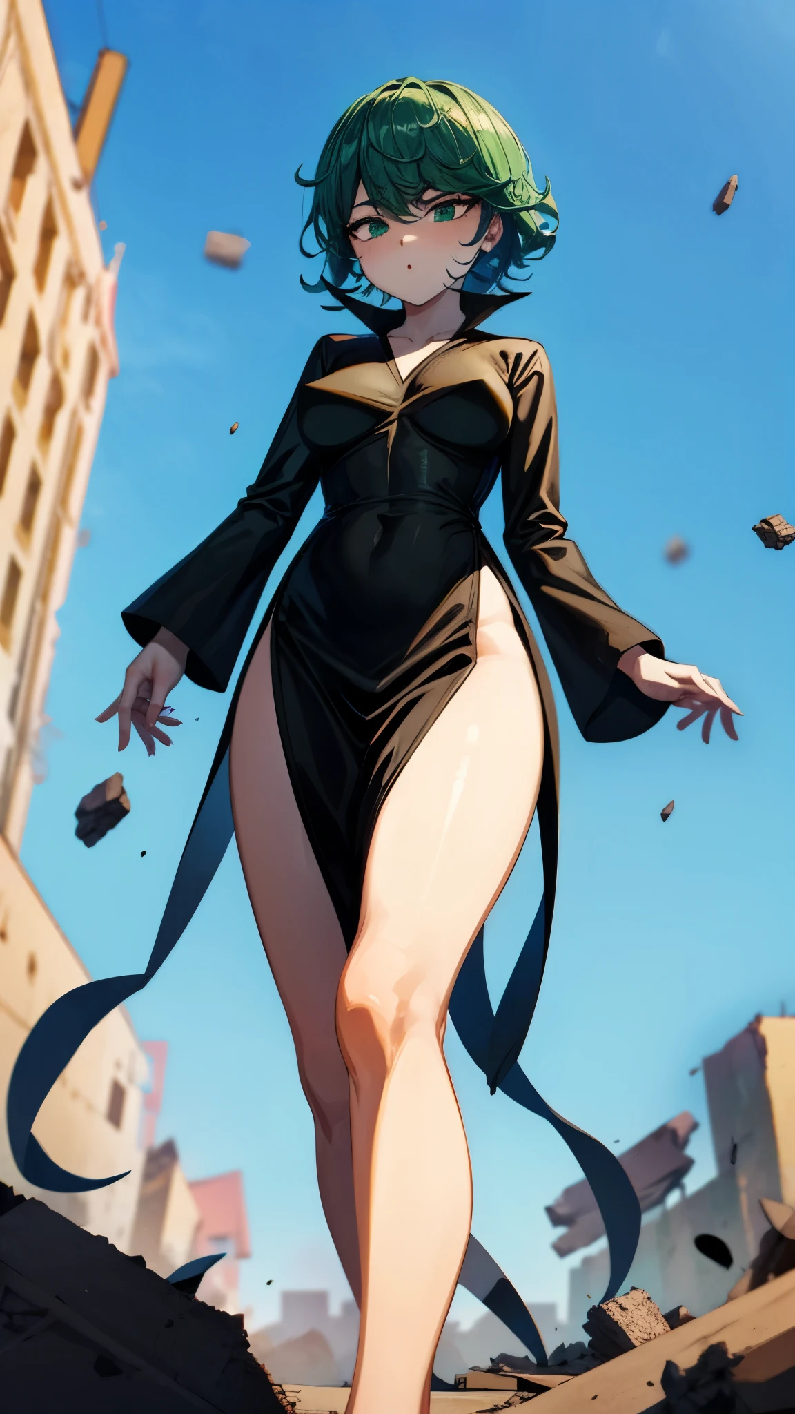 (tmasterpiece, Best quality at best:1.2), cow boy shot, Alone, 1个Giant Breast Girl, Tornado, 好色的, Keep your mouth shut, looking at viewert, Hindquarters, Wide hips, Black dress, blue-sky, ​​clouds, , A lot of