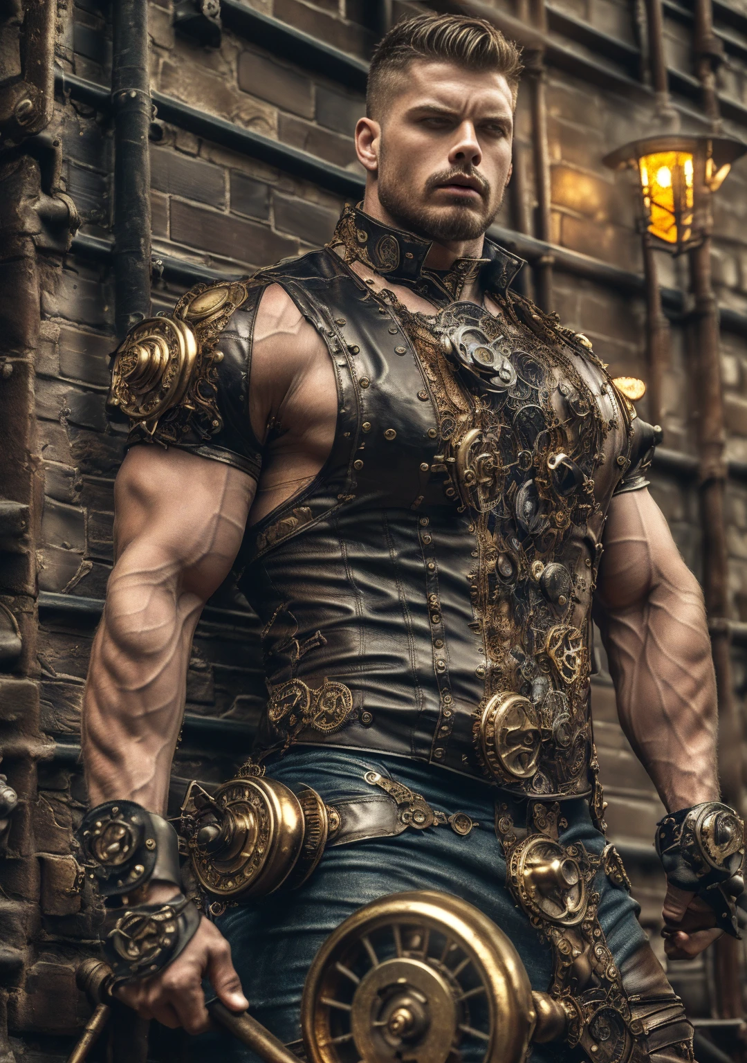 ((Masterpiece, High Quality)), Best Quality, highly detailed , ultrarealistic , cinematic ,realistic , photorealistic realistic eyes, intricate details, detailed background, depth of field, dynamic pose, dynamic angle ,male focus ,muscled man (1.0) ,handsome (detailed face) ,Young Arafed muscular chiseled very handsome man , (( steam4rmor,A muscular bodybuilder (1.0), veins on his arms , attractive tattooed man dressed in a detailed steampunk vest not covering his chest and abs(1.0), showing his muscled body with tattoos(1.0) ,The outfit includes leather straps, brass gears , a vest, and metallic accents. The man has a confident and alluring pose, with a mysterious expression. The background features old-fashioned city street scene with foggy, blurry elements and street lights a warm, vintage dark atmosphere , highly detailed, , detail face, tool enhancer ,slider 1.0)), realistic, masterpiece, intricate details, detailed background, depth of field, photo of a man ,looking like courage , ((light bokeh)) , highlighting the strong muscle lines , symbol of strength. Perspective and perspective: shooting from a low angle , highlighting the height and majesty of men. Or use a side perspective to show the posture and tattoo of a men.