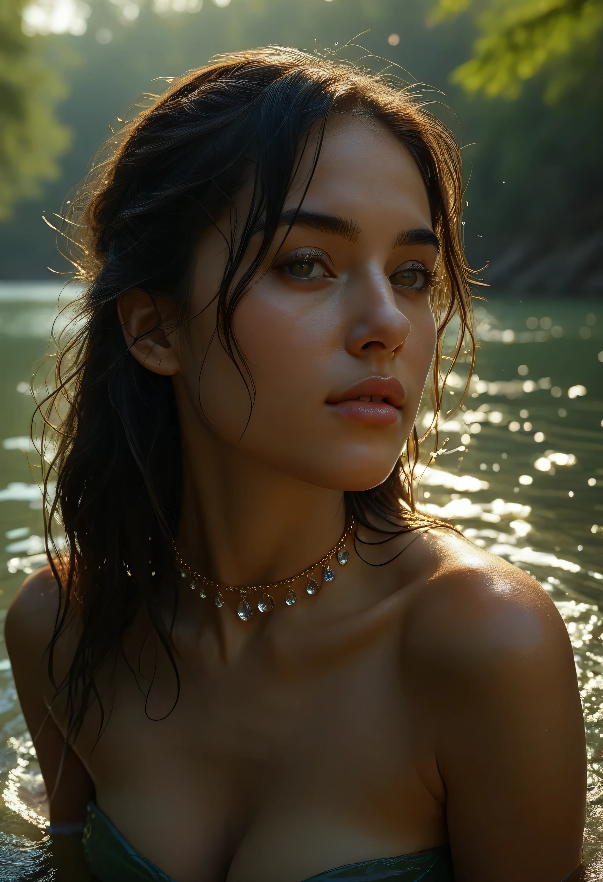 safe_pos, (score_9, score_8_up:1.1), score_7_up, photorealistic, rating:explicit a strikingly curvaceous beautiful topless woman in her early 20s, emerges gracefully from the serene waters of a summer lake in a hyper-realistic scene reavaling her huge sagging breasts. Her pale, dewy complexion glows softly under the golden sunlight, droplets of water clinging delicately to her skin, catching the light and adding a natural shimmer. Her sharp cheekbones and defined jawline are framed by her soaked, raven-black hair, which clings in sleek, wet strands to her face and neck. Her almond-shaped green eyes, framed by long, damp lashes, hold a calm and introspective gaze, while her full lips rest in a neutral expression, exuding quiet confidence and serene beauty.
She is topless, exposing her large teardrop-shaped breasts. Her lower body remains partially submerged, with the lakeâs surface revealing glimmers of her legs through the crystal-clear water. Her skin blends seamlessly into the scene, creating a natural, understated elegance.
The lake itself is a tranquil oasis, surrounded by lush greenery and tall trees, their vibrant hues reflected in the gently rippling water. The sunlight filters softly through the overhead branches, casting dappled highlights that play across the surface. Tiny waves radiate outward as she moves, blending the warm tones of sunlight with the deep blues and greens of the lake. Her posture is poised and confident as she steps forward, creating a sense of movement and immersion.
The atmosphere is serene and idyllic, with a perfect balance of natural beauty and quiet contemplation. Jenniferâs calm demeanor and the intricate details of the,, absurdres, masterpiece,, Expressiveh choker, anklets, pubic-hair, flux-style ((masterpiece, Highest quality, Best image quality, High resolution, Realistic, RAW Photos, 8k, Highly detailed)) 4lch3my_l4b CyberRealistic_Negative_PONY