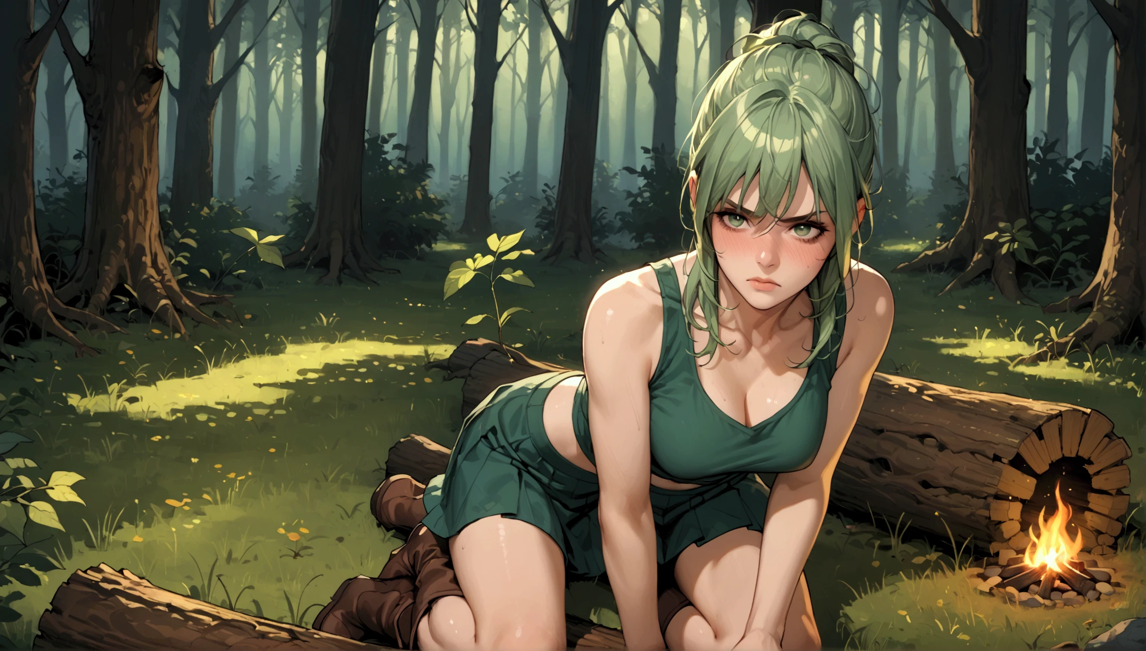 ((realistic: 1.5)),((best quality)), ((masterpiece)),((detailed)), woman, with short green hair, red pupils, eye patch, long legs, curves, small breasts, general's clothes, without exposing the body, wide hips, long eyelashes, holding a large hammer, sitting on a stone, in the middle of the forest