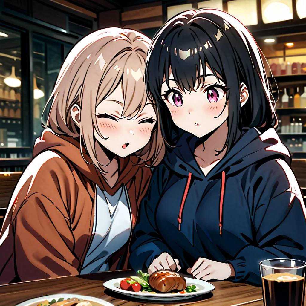Anime, high detailed, 2 chubby girls, chubby girls, Wearing hoodies, she's making the heimlish maneuver on the other girl, in a Restaurant