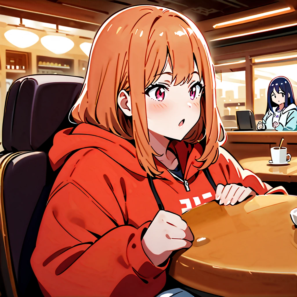 Anime, high detailed, 2 chubby girls, chubby girls, Wearing hoodies, she's making the heimlish maneuver on the other girl, in a Restaurant