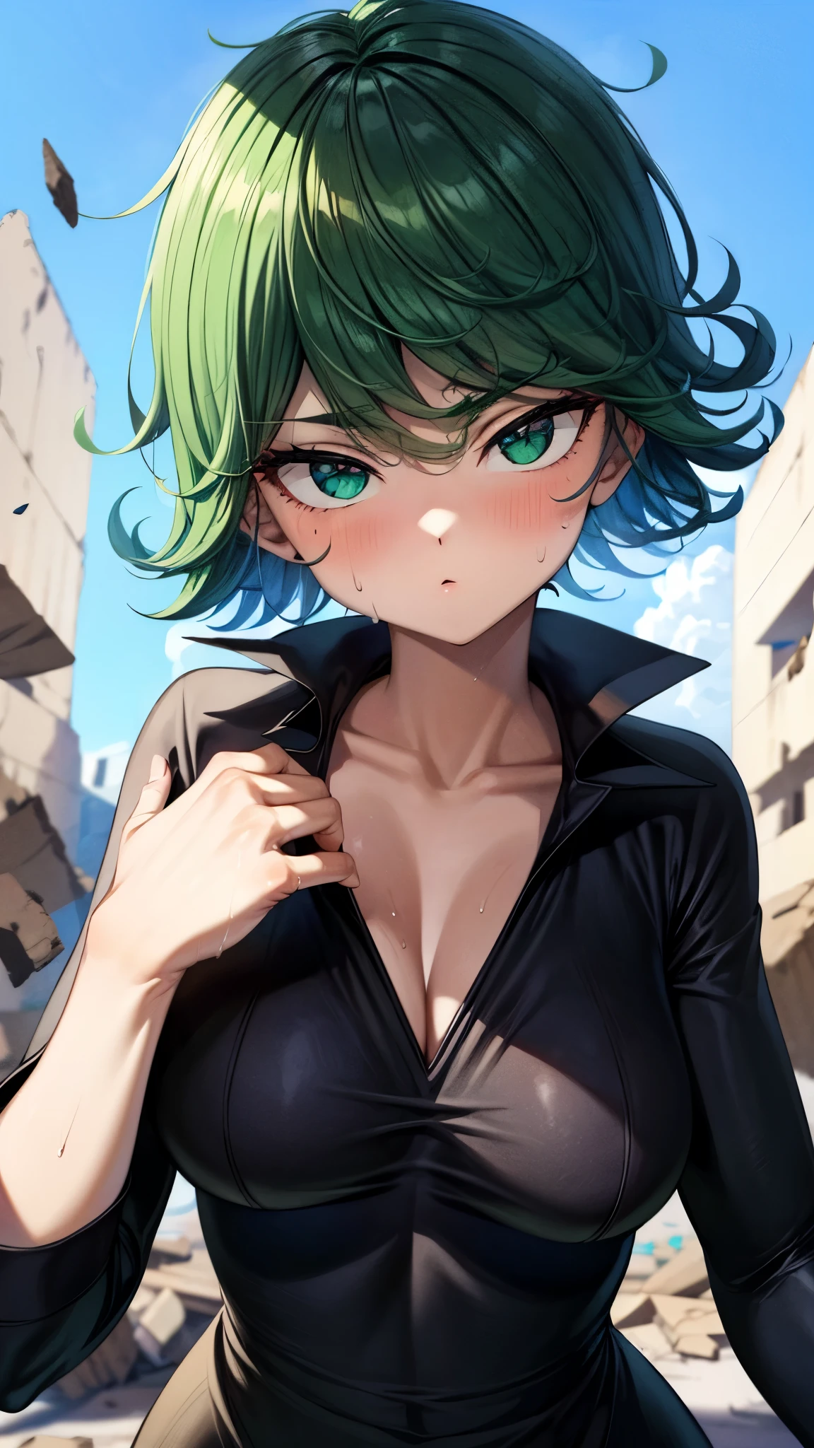 (obra-prima: 1.2, melhor qualidade: 1.2, bonito, alta qualidade, highres: 1.1, esthetic), detalhado, extremamente detalhado, soft ambient lighting, 4K, olhos perfeitos, rosto perfeito, perfect  lighting, 1girl, franja, vestido preto, cabelo verde, seios, umbigo coberto, vestido, tatsumaki \ (one-punch man\),  , olhos verdes, , seios grandes,, olhando para o espectador, cabelo curto, Destroyed city background, solo, coxas, gola alta, vestido de gola alta