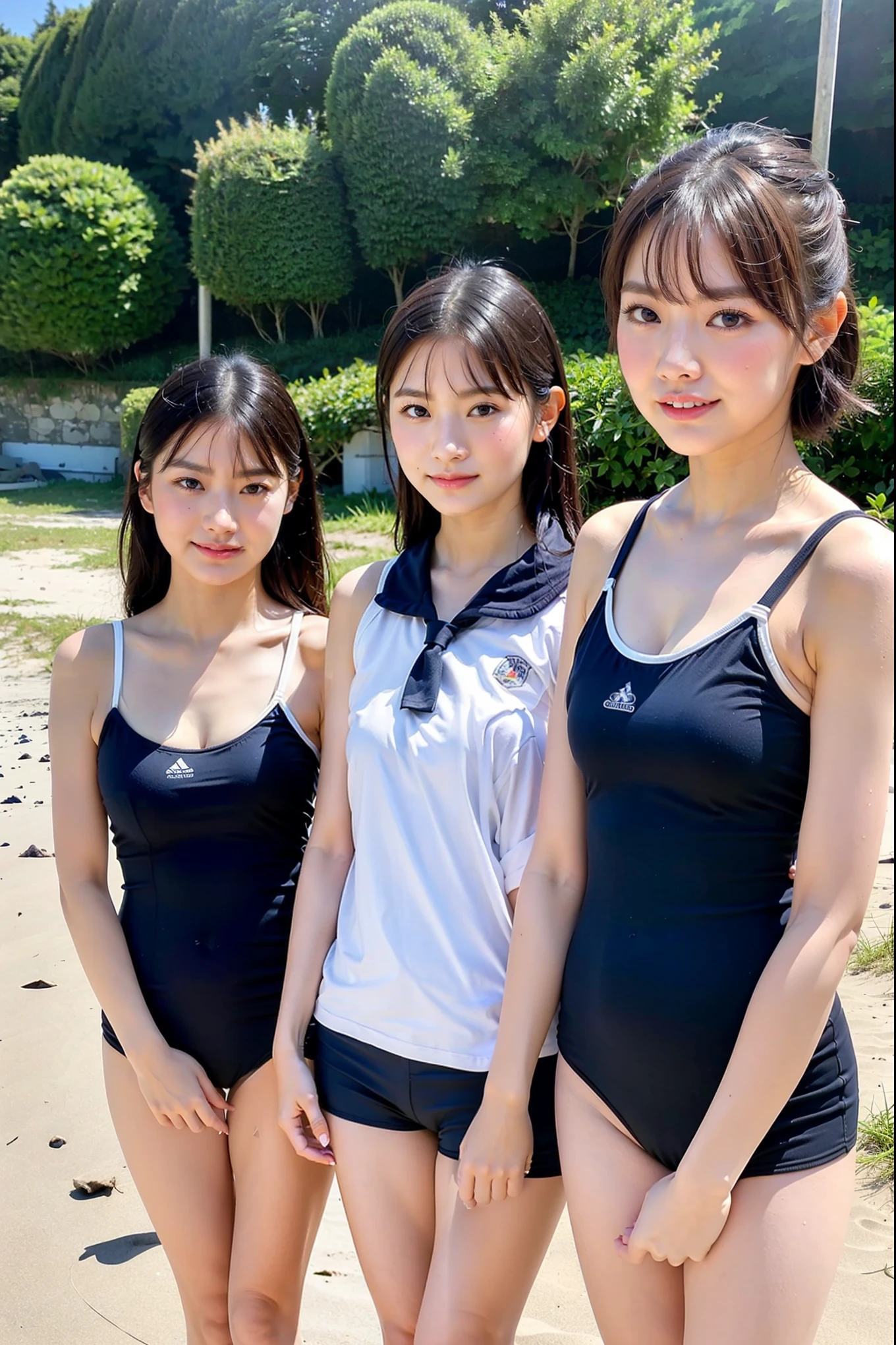 Three Girls Standing on a Rural School Beach, navy blue school swimsuit,1,bangs, small smile , thighs,Knee, short black hair tied in a low position,from below, フロントライト perspective, perspective, Back view,