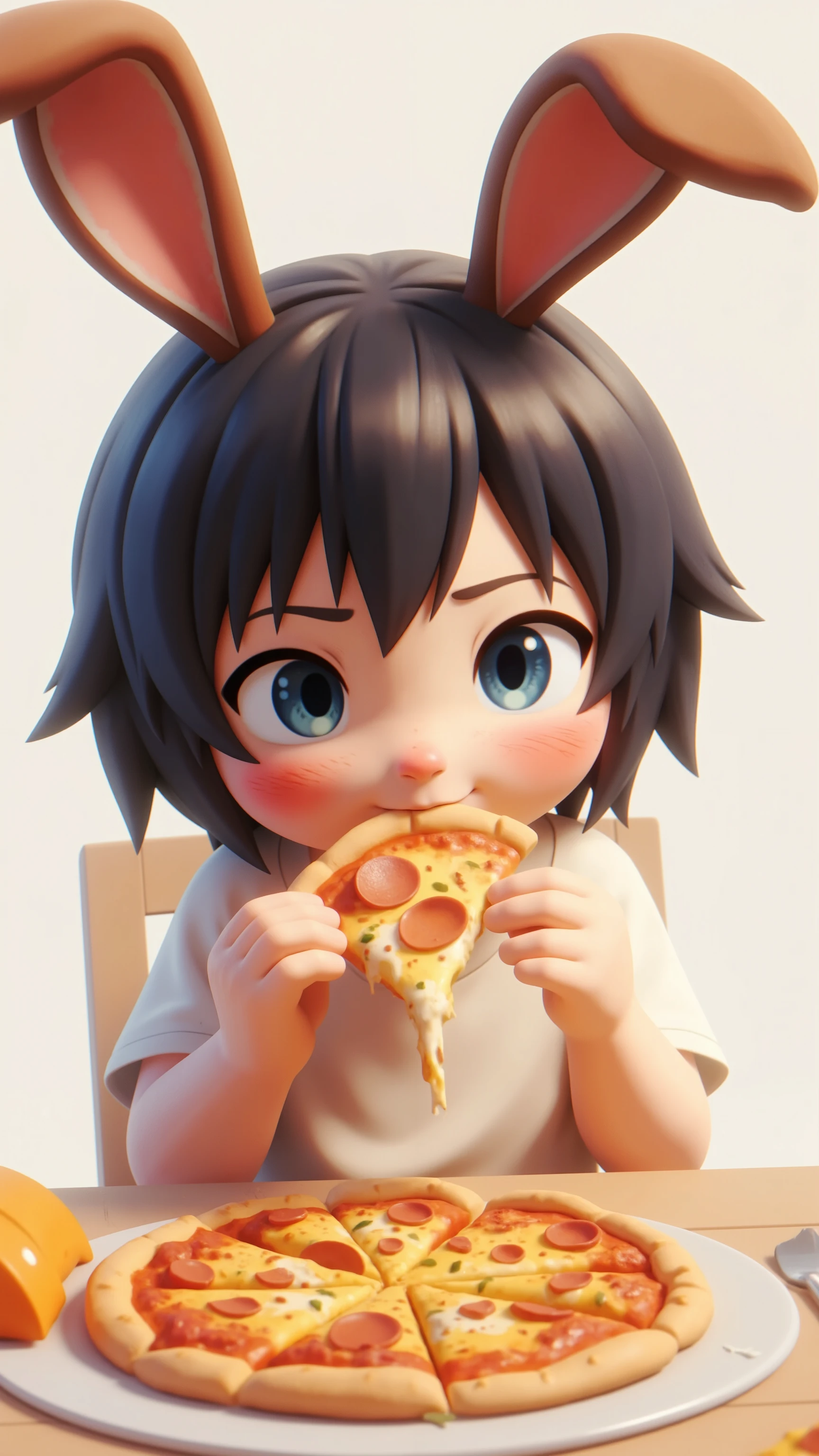 Noa a boy with medium size black hair, blue eyes with bunny ears patching, eating pizza. High Resolution, Brown Rabbit Ears, Masterpiece, Anatomically Correct, Best Quality, Award Winning, Detail, Super Detailed, Black Hair, Blush, 3D Rendering, 8K Octane, Blue eyes,
