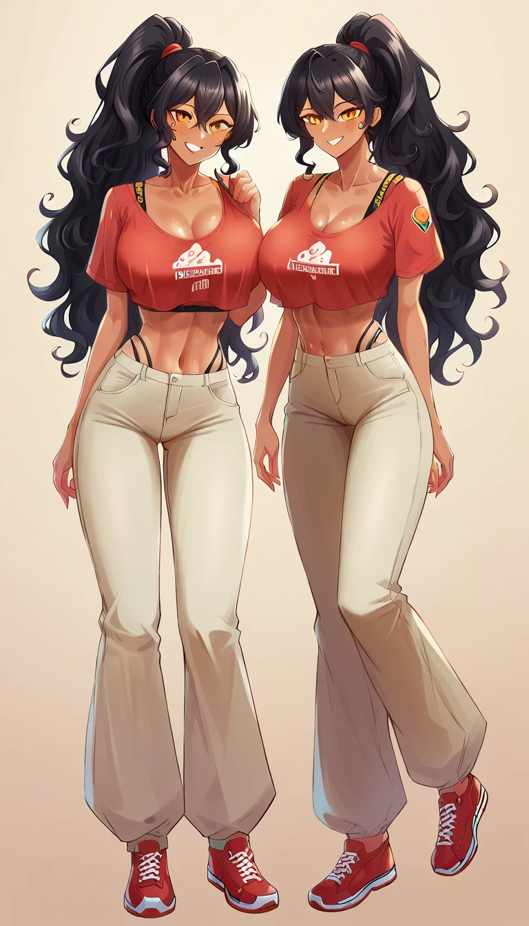2girls, nose piercing, standing, jewelry, orange jumpsuit (insanely detailed, beautiful detailed face, masterpiece, best quality), cleavage, piercing blue eyes, full body shot, blank background, white background, holding hands, romantic, lesbian, black girl, white girl, red hair, black hair