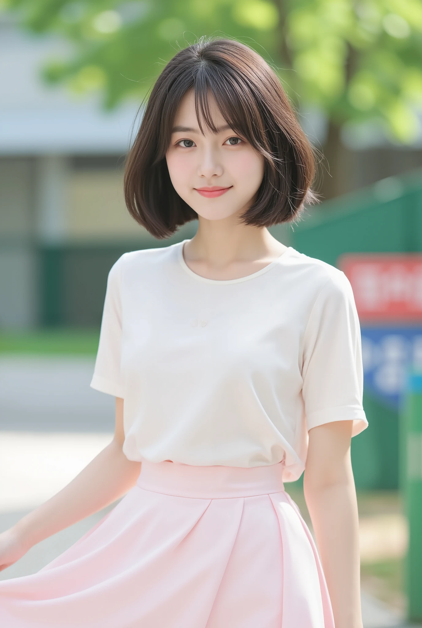 a smiling look、White shirt、Beige tartan checked mini skirt、class room