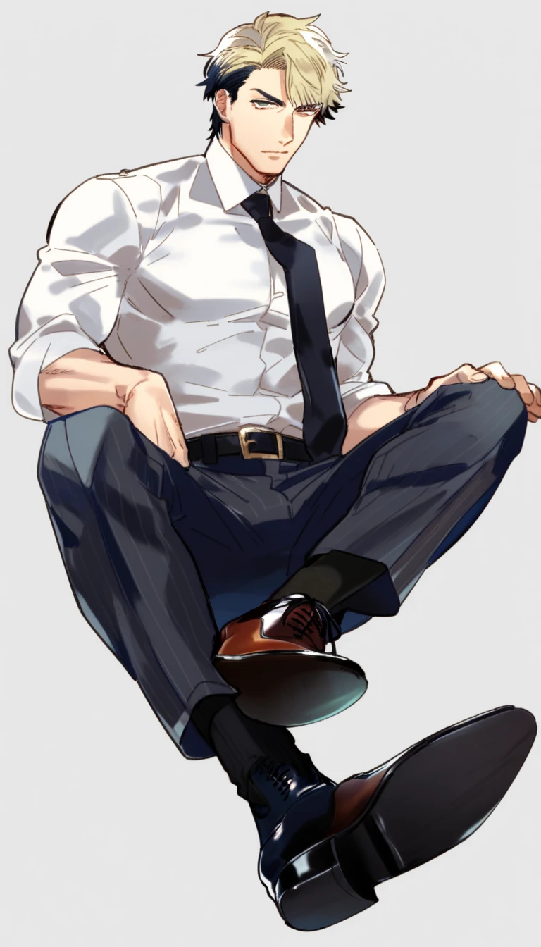 (from above, white socks and shirt, sitting, full body:1.3), asian old man, bald, broken glasses, blood point, looking at viewer, muscular, angry, tearfilled eyes, scared, highres, ultra detailed, finely detail, BREAK, black eyes, black thin tie, black body hair, thighs