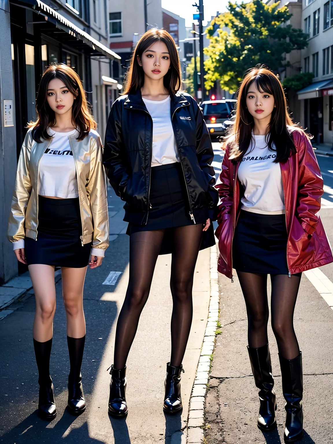 Create an image of 4 women, korean, thai, New Zealander and a Chinese, for music album cover with name ( Make time last)  and they have to have really nice clothes in a city of clocks with all their songs on each clockName of the songs: empire, flyon, stunk, The puper, on friend, zigzag, like you, days and days, Fantástic, in my mind