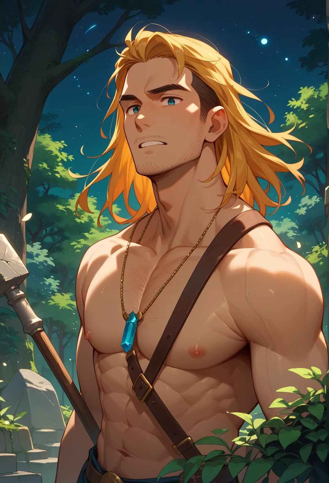 (Award Winning Digital Artwork:1.3) of (Ultra detailed:1.3) 1boy, leaning, seducing, blue eyes, blond hair, beautiful forest, shirtless, black thong, straps, harness, bondage,CGSociety,ArtStation
