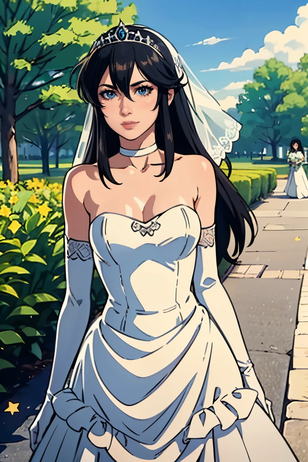 Ayra fe, hair between eyes, ahoge, black hair, star \(symbol\), hair ornament, ruffled tulle dress, cleavage, bare shoulders, collarbone, long white elbow gloves, white gloves, white dress, white choker, strapless, tiara, veil, strapless dress, wedding dress, bridal veil, beautiful woman, perfect body, perfect breasts, wearing a wedding dress, ball gown, in the park trees, wedding decorations, a warm smile, realism, masterpiece, textured skin, super detail, high detail, high quality, best quality, 1080p, 16k