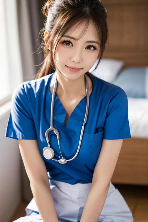 Beauty,  high quality, Complete, In detail, High resolution, 8k wallpaper, whole body, Perfect dynamic composition,  Beautiful attention to detail, Random poses, Charm, Alluring, 20 year's old, round face, (nurse), hospital , single hair , seductive smile